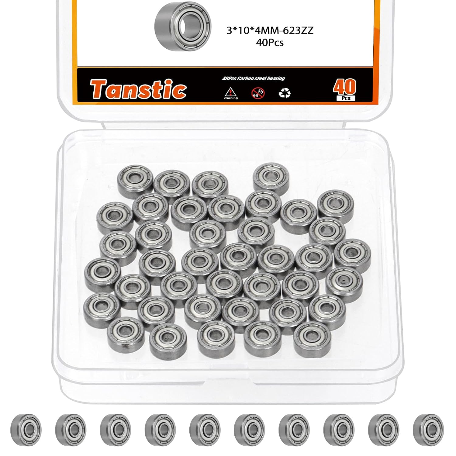Tanstic 40pcs 623ZZ 3x10x4mm Carbon Steel Ball Bearings kit, Double Shielded Bearings, Deep Groove Bearings, High Speed Bearings, Small Bearing for Skateboard, 3D Printer, Motors, Fidget Spinner