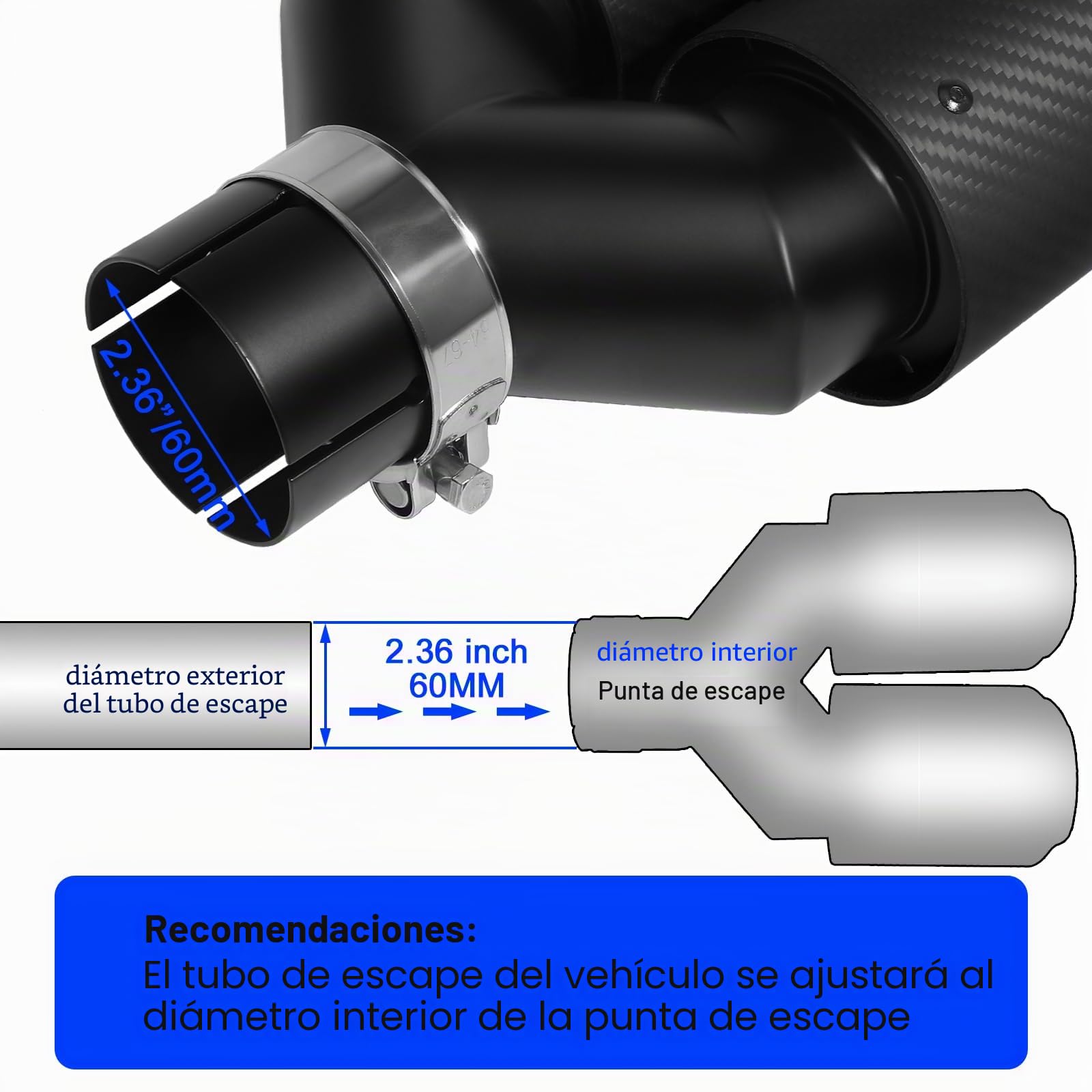 60MM (2.36") Escape Tubo de Acero Inoxidable Engrosado Silenciador Punta de Cola de Coche Extremo de Escape Salida de 3,5" Fibra de Carbono (Doble Salida- Mate Todo Negro, 60mm)