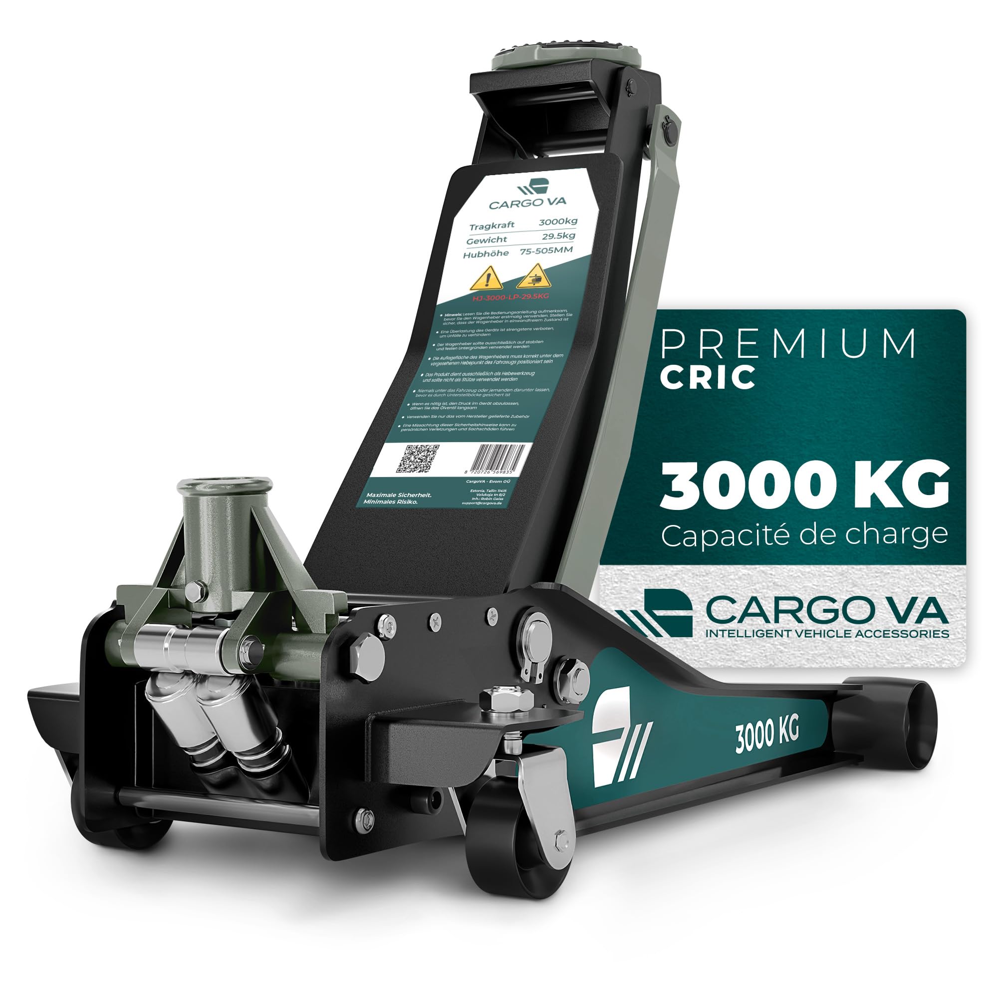 CargoVA Cric hydraulique 3T - Cric Plat avec Hauteur de Levage de 75 à 505 mm - Kit d'outils Professionnel avec Tapis de Genoux et 2 Patins en Caoutchouc - Idéal pour Les SUV et Les Voitures