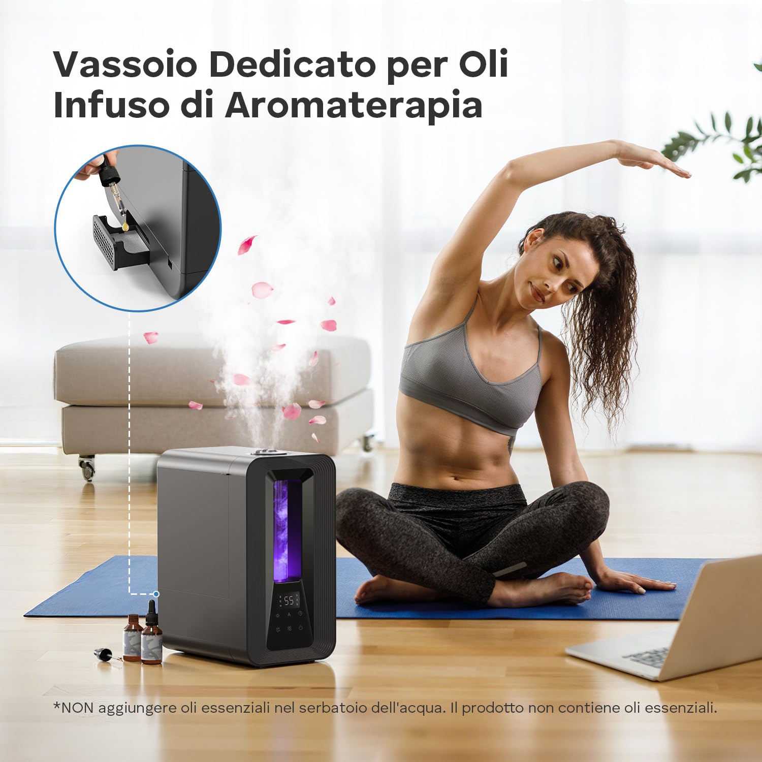 AROEVE 5L Umidificatore Ambiente, Nebbia Fresca Ricarica Dall'Alto Umidificatore Ultrasonico con Diffusore Aromi, Igrostato Smart, Luce Ambientale, 50h/25dB Silenzioso per Casa ufficio Bambini Piante