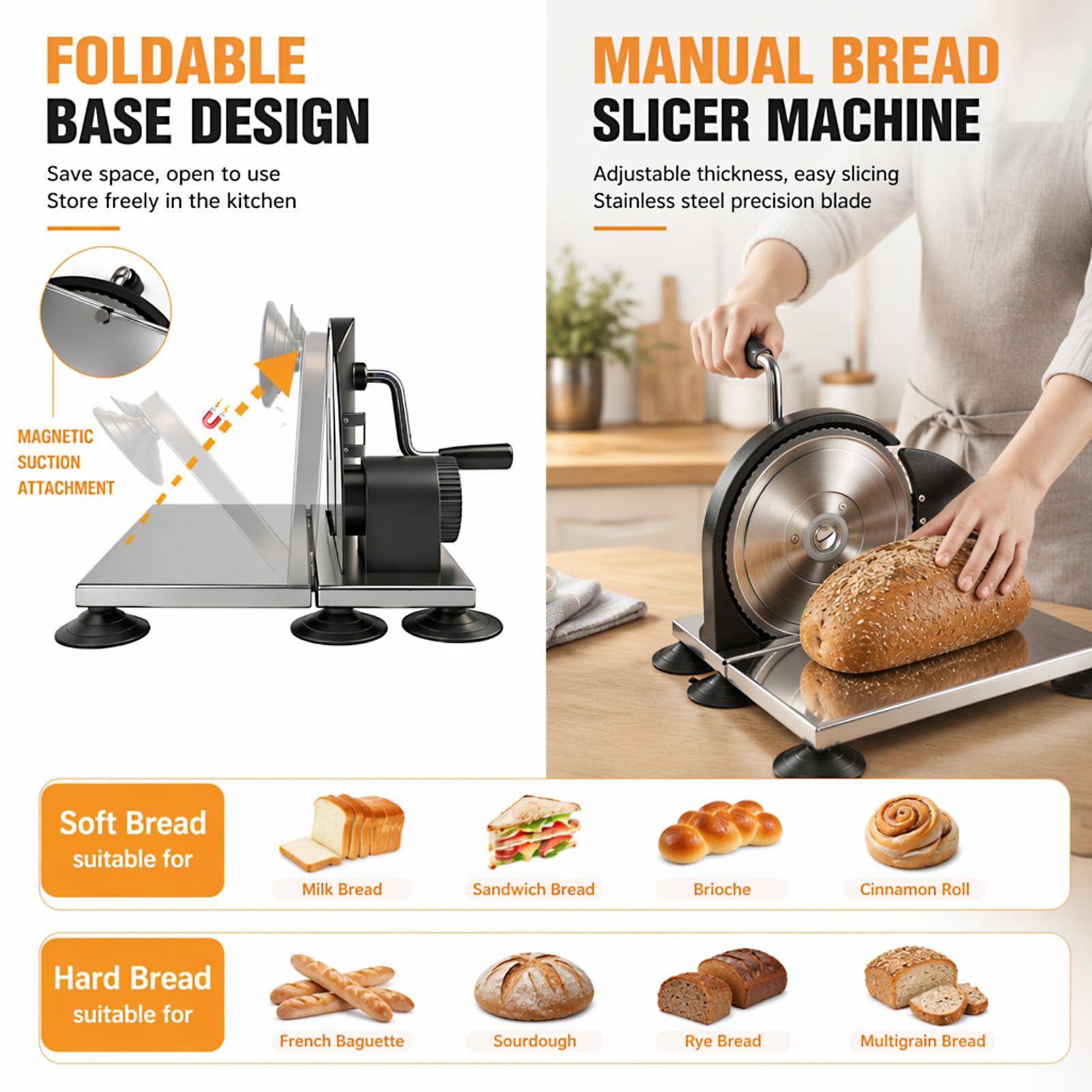 Manuelle Brotschneidemaschine mit Edelstahlfuß, Brotschneider mit Handkurbel & Saugnäpfen, Allesschneider für Brot, Schnittstärke 1–20 mm Einstellbar, Edelstahlklinge für Brot, Baguette & Käse