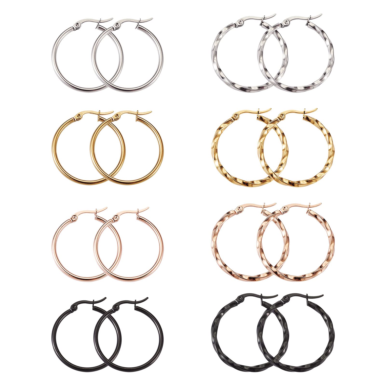 Cheriswelry 8 pairs Stainless Steel Hoop Earrings Findings, 4 Colors Round Circle Ring Open Beading Hoops Charms for DIY Jewellery Dangle Earring Gifts Making