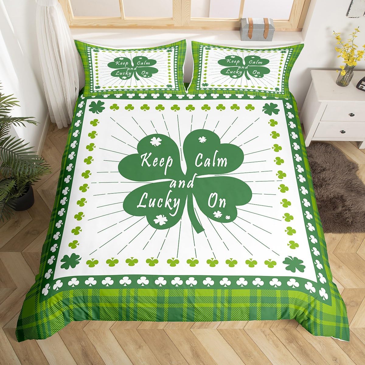 Manfei St. Patrick's Day Duvet Cover Set Toddler Size, Lucky Clover Bedding Set 2pcs, Green Plaid Leaf Comforter Cover, Kids Boy Girl Room Decor, Soft Polyester Quilt Cover, 1 Pillowcase, No Comforter