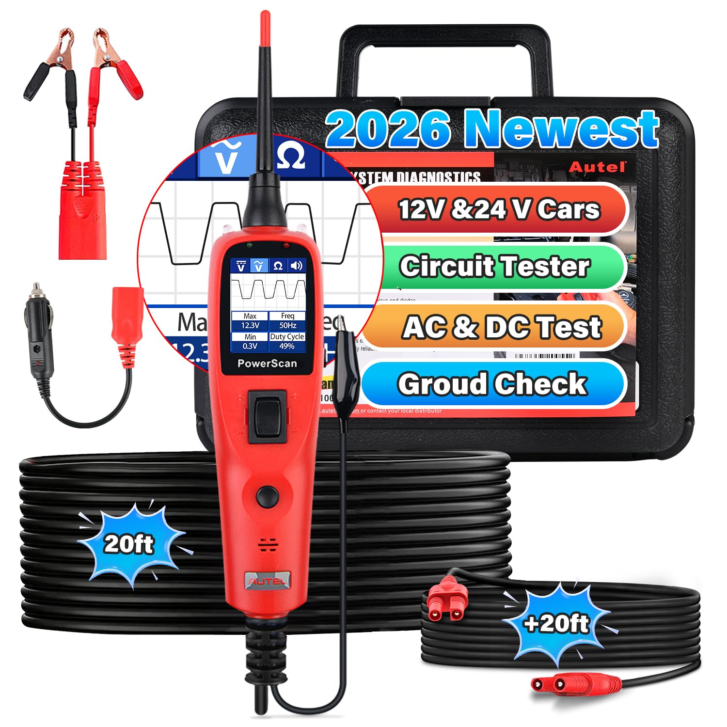 Autel PowerScan PS100 Circuit Tester 2.0, 12-24V Power Circuit Probe Tool | Electrical Short Open Circuit Finder, AC/DC/Resistance/Component/Signal/Test Light Automotive, 20ft Extension Cord