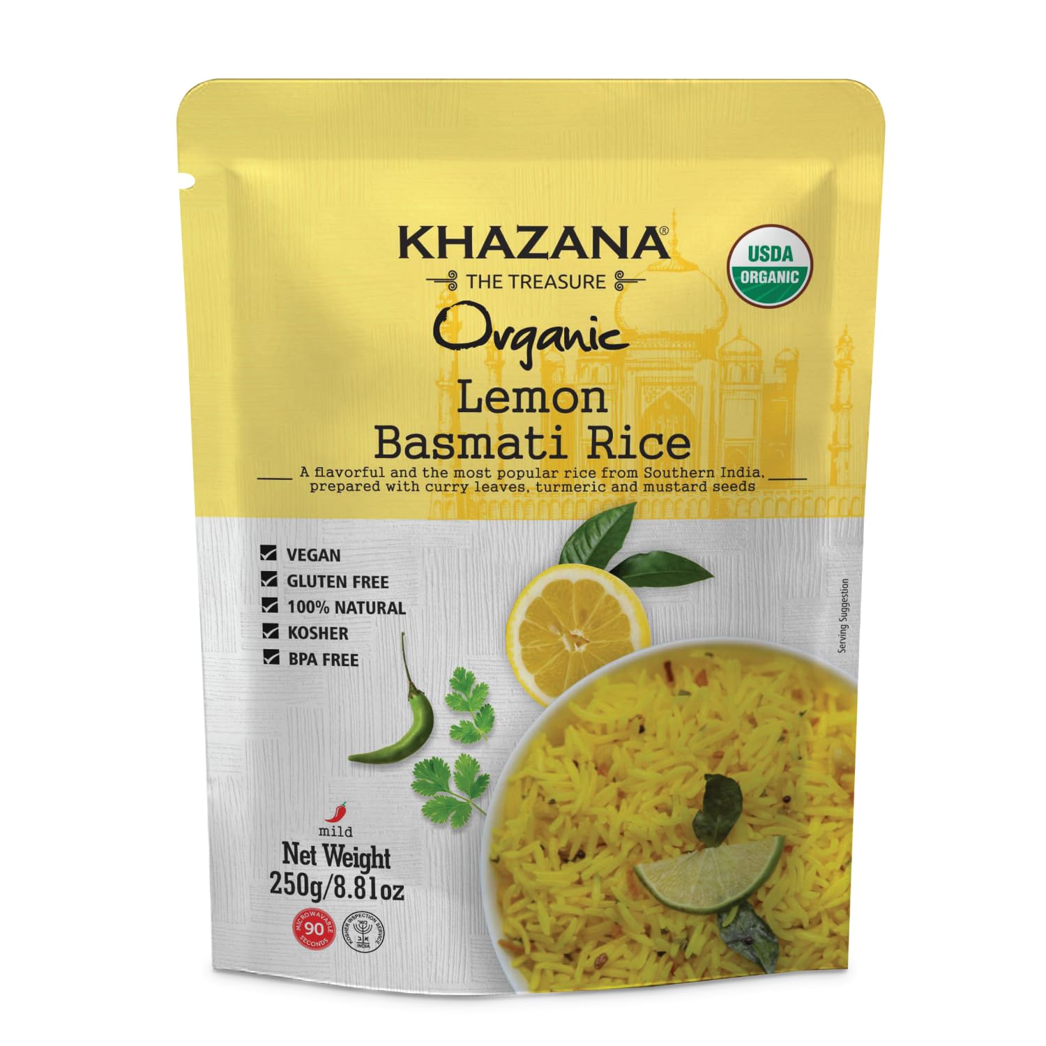 Khazana Lemon Organic Basmati Rice - Ready to Heat (1-Pack, 8.8oz) - Authentic, Aromatic & Flavorful Indian Grain - Non-GMO, Vegan, Gluten-Free, Kosher - Microwaveable Instant Rice in 90 Seconds!USDA Organic