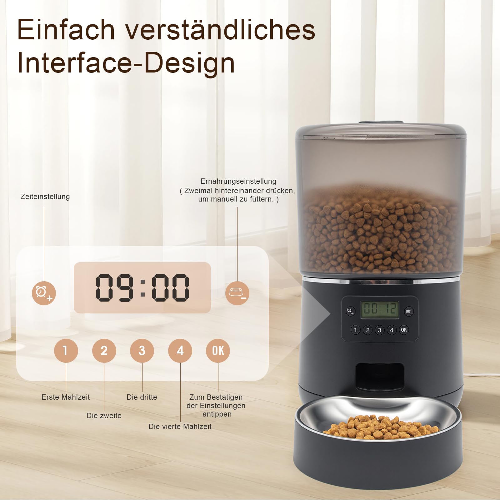 Futterautomat Katze mit Timer – 4L großes Fassungsvermögen, Programmierbar für 4 Mahlzeiten täglich, Präzise Portionskontrolle, Ideal für Katzen und Haustiere