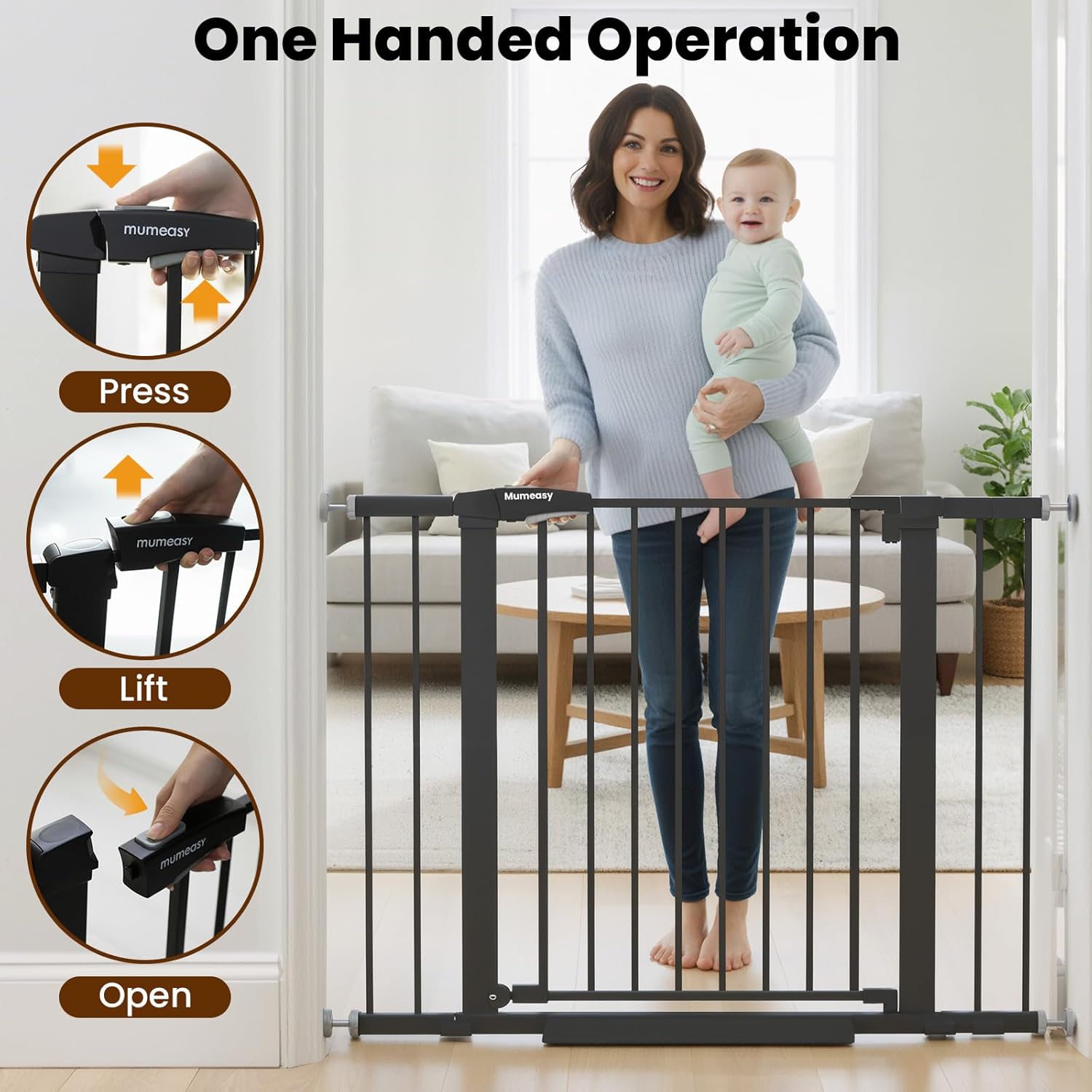 Baby Gate for Stairs, 26-40" Auto Close Dog Gate for Doorways, Pressure Mounted Child Gate with Walk Thru Door, Easy Install Safety Gate for Children and Pets, Black