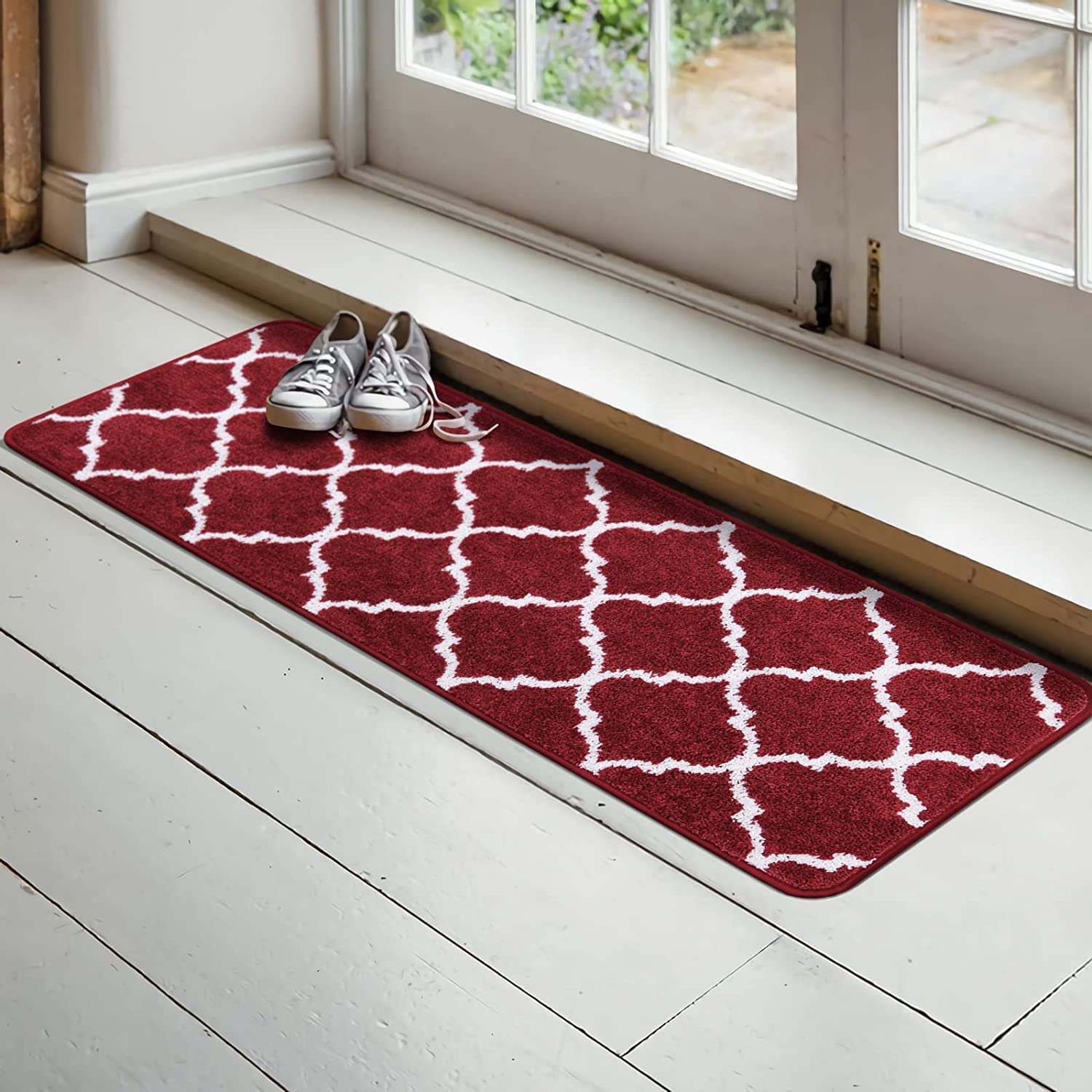 CarvapetWashable Door Mat Indoor Dirt Trapper Front Doormats Moroccan Trellis Entrance Rug Runner Carpet Floor Mat(43x122cm,Red)