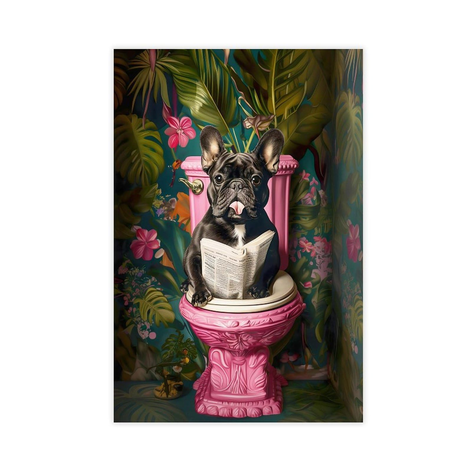 NCUDANK Bathroom Black French Bulldog Reading on Toilet Canvas Poster Bedroom Decor Landscape Office Room Decor Gift 08x12inch(20x30cm)