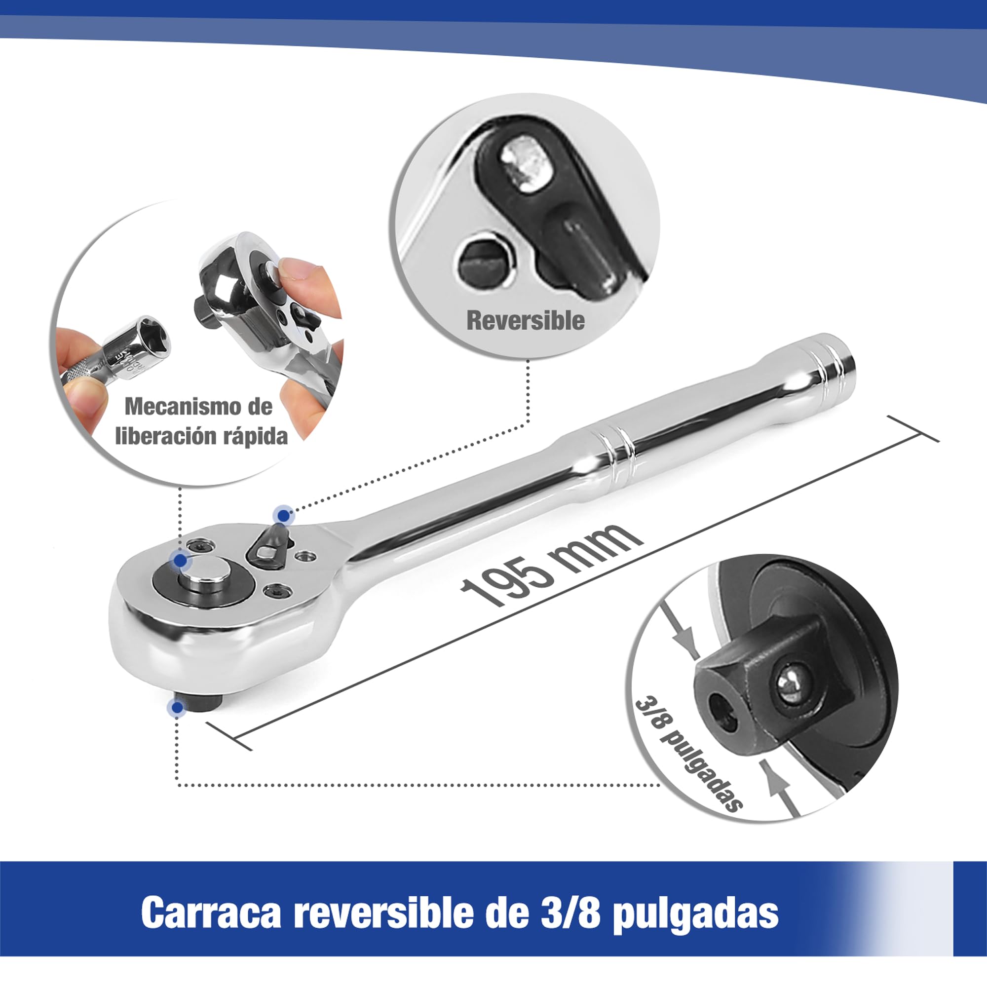 WORKPRO - Juego de llaves de vaso, Cr-V, 9,5 mm (1/4'') y 6,35 mm (3/8'') y tinquete de liberación rápida (39 piezas)