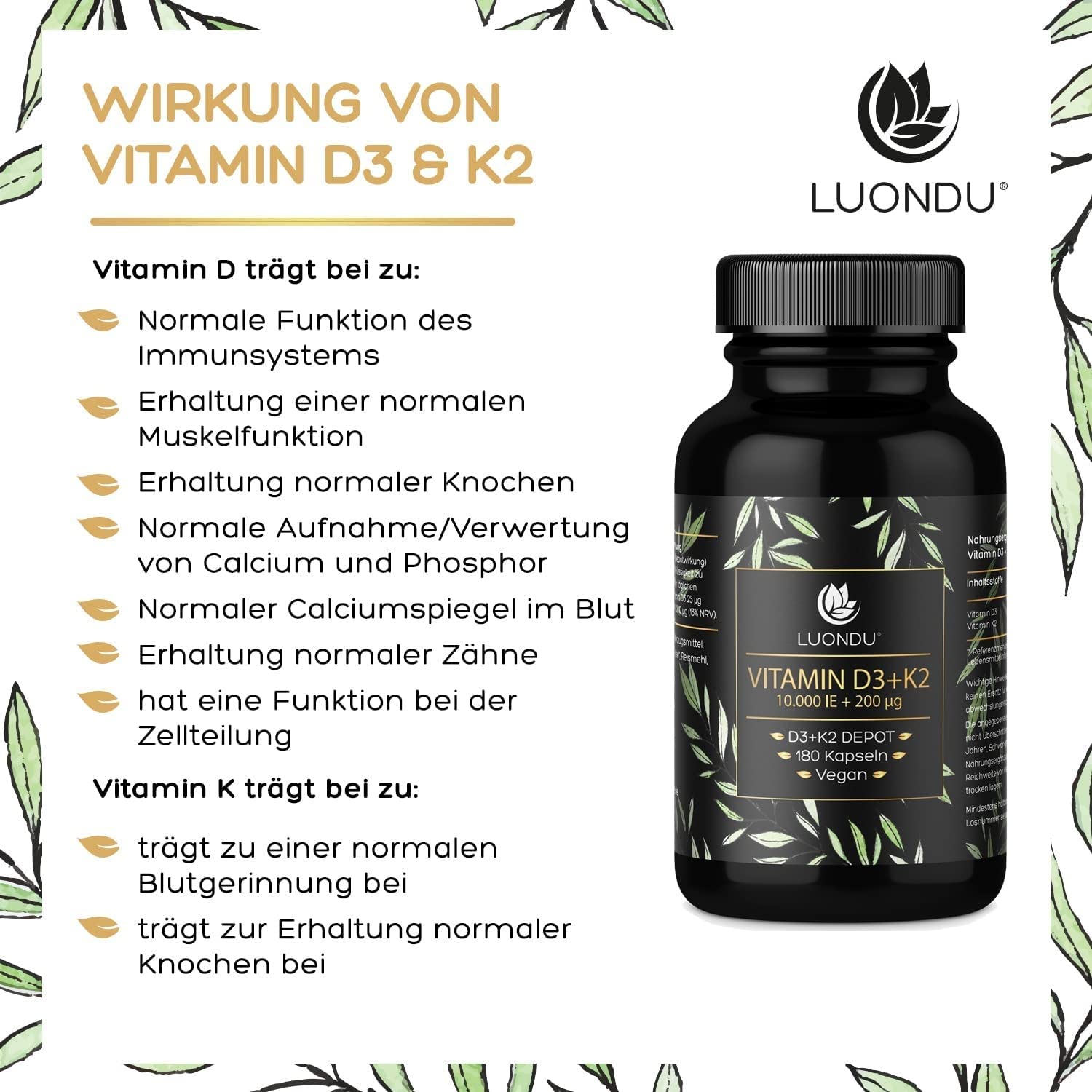 Luondu Vitamin D3 10.000 I.E + Vitamin K2 MK7 200 mcg Depot (Hochdosiert & Vegan) Vitamin D3 K2 Kapseln hochdosiert (180 Kapseln) - Verpackung kann variieren