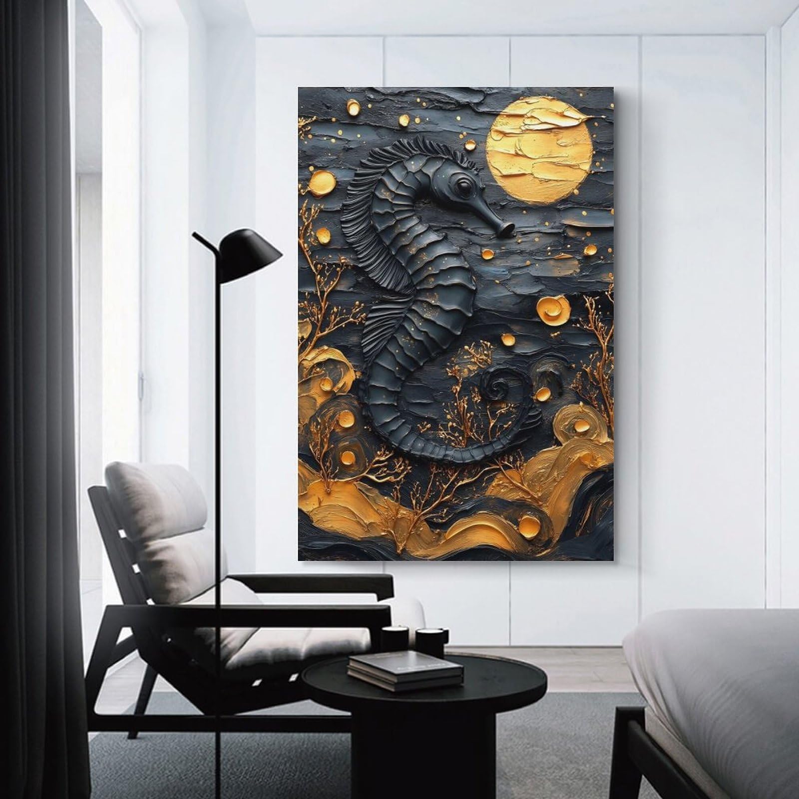 Junmoney Black Seahorse with Golden Accents Home Decor Wall Art, 08x12inch(20x30cm), for Bedroom Walls, Guest Spaces Or Lounges, A Warm Accent for Relaxed Interiors