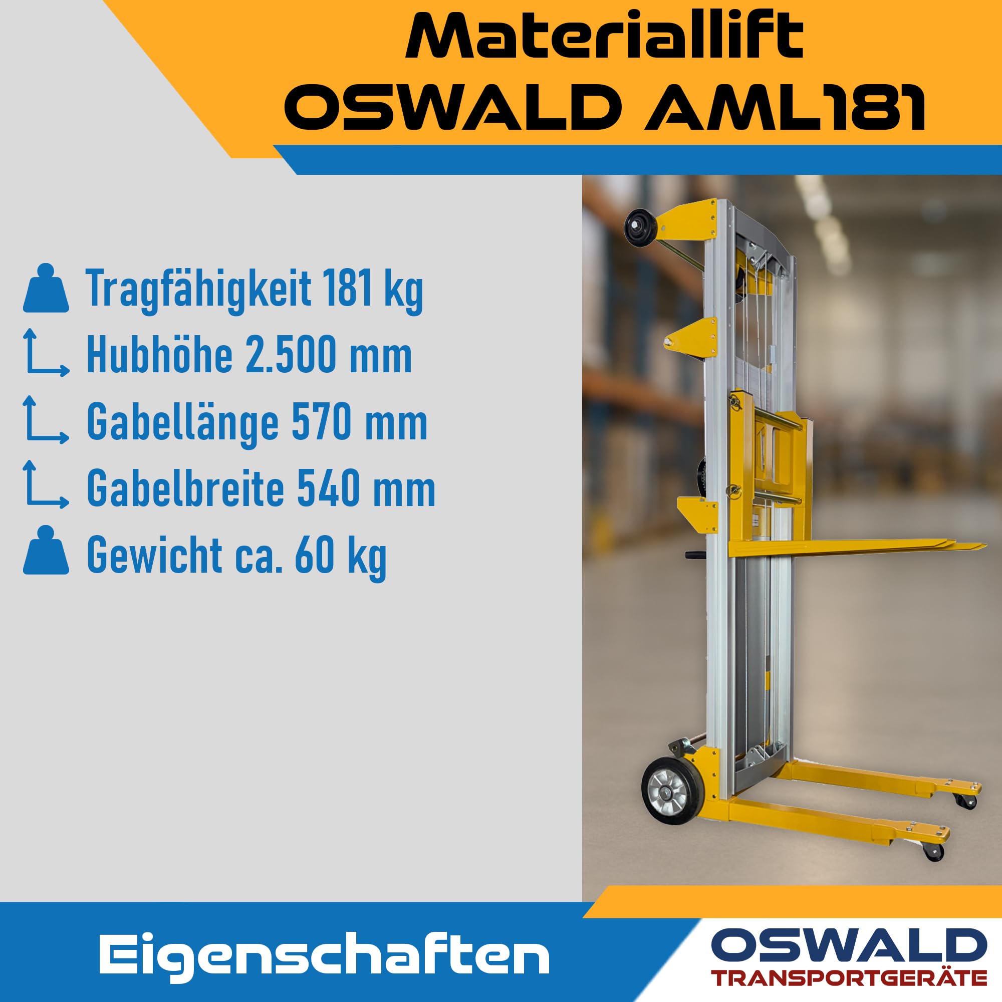 Materiallift AML181 mit Seilwinde - 181 kg Tragkraft - 2.500 mm Hubhöhe - Handstapler