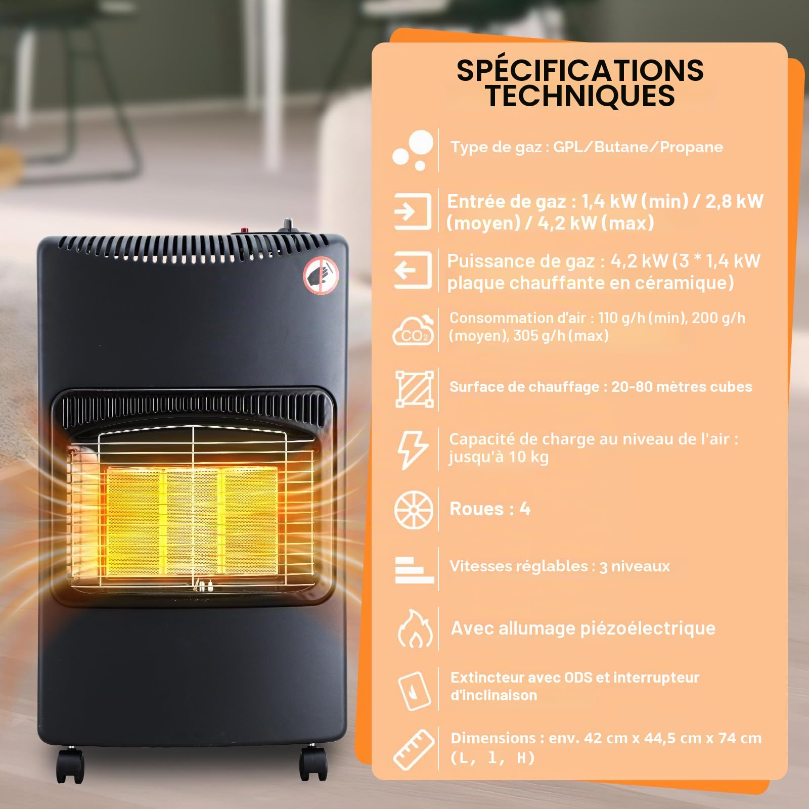 Poêle à gaz 4,2 kW Réchaud à gaz Pliable avec régulateur de pression & tuyau, incl. protection contre la surchauffe et protection anti-basculement, ODS, allumeur piézo, consommation de gaz 305