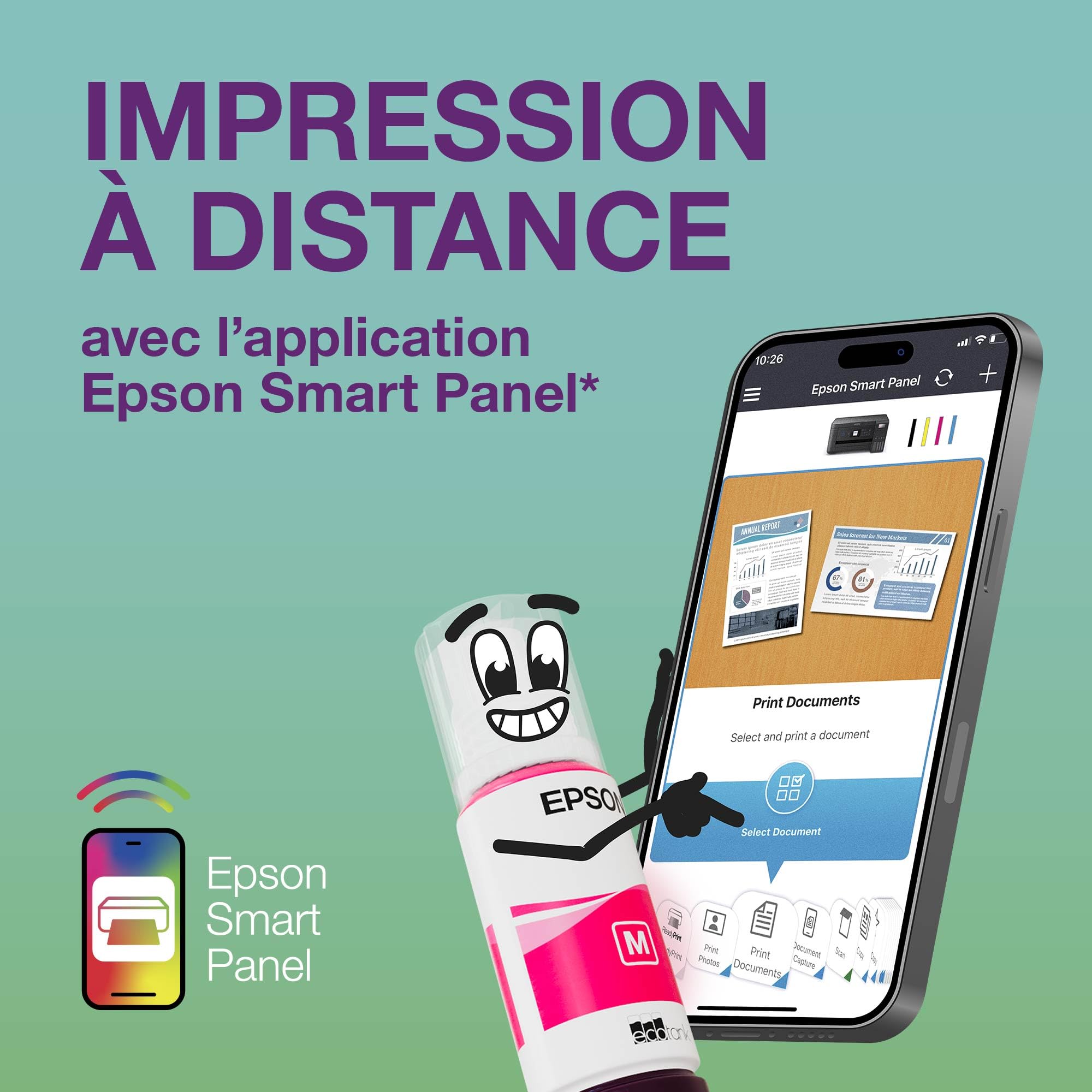 Epson Imprimante EcoTank ET-2851 avec réservoirs, Multifonction 3-en-1: Imprimante recto verso / Scanner / Copieur, A4, Jet d'encre couleur, Wifi Direct, Ecran, Faible coût par page, Compact