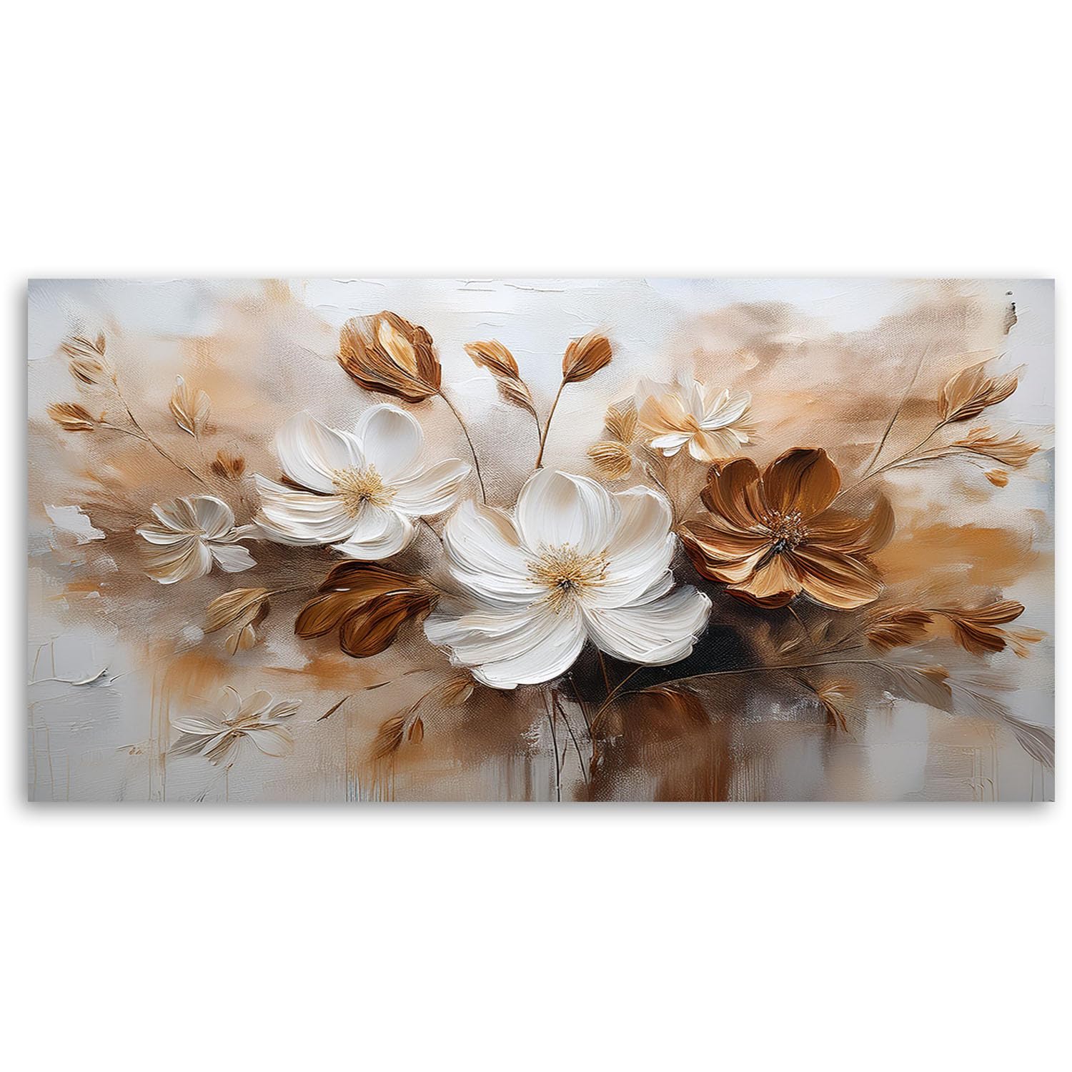 Feeby Quadri Camera Da Letto - Stampa su Tela - Quadro Moderno Soggiorno - Fiori selvatici dipinti di bianco e marrone - 100x50 cm - Decorazione Da Parete