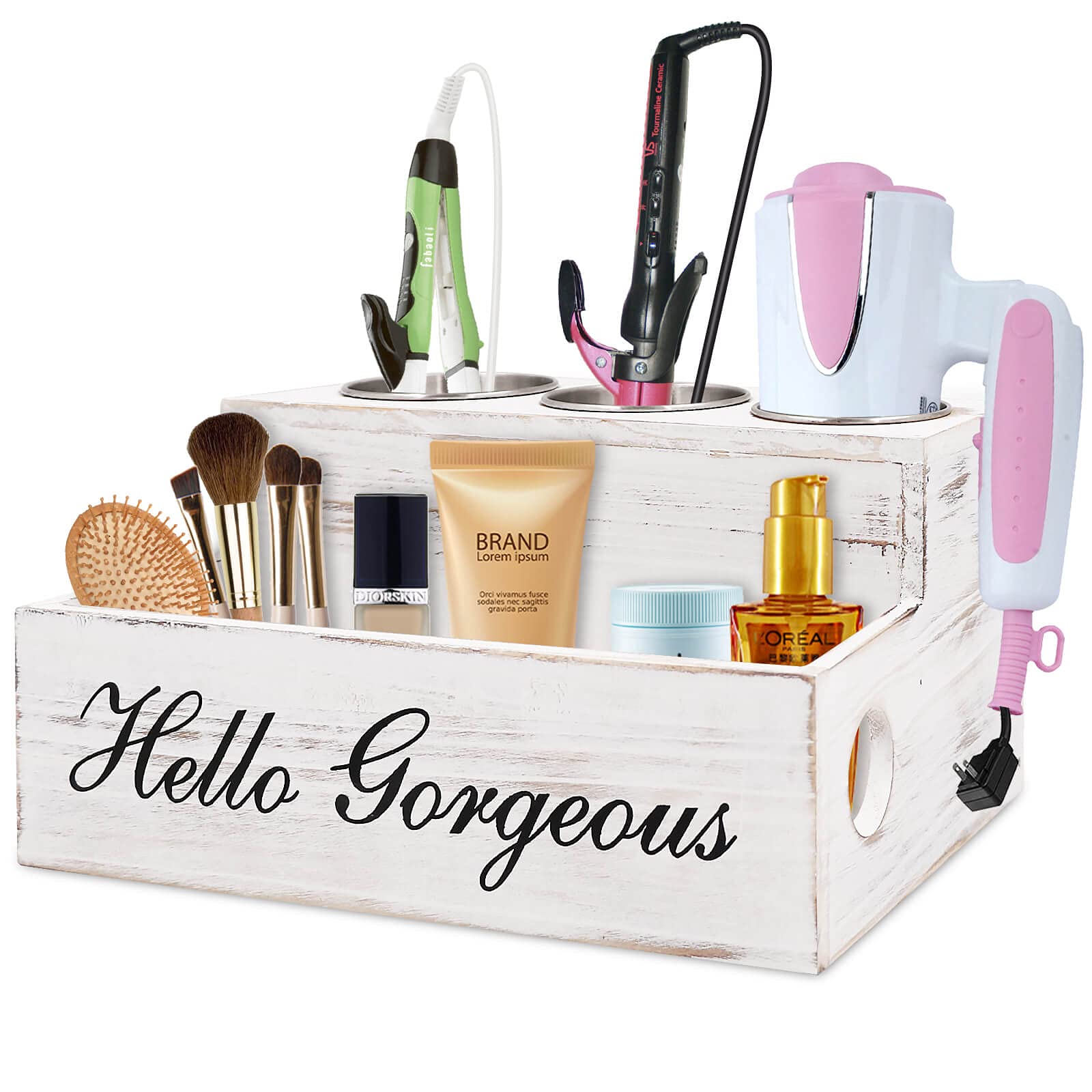 VIEFIN Rustic Hair Tool Organizer, Wooden Hair Styling Organizer Makeup Organizer, Bathroom Organizer Organization Storage for Hair Dryer Brush Hair Rollers Curler Clips Ties - White