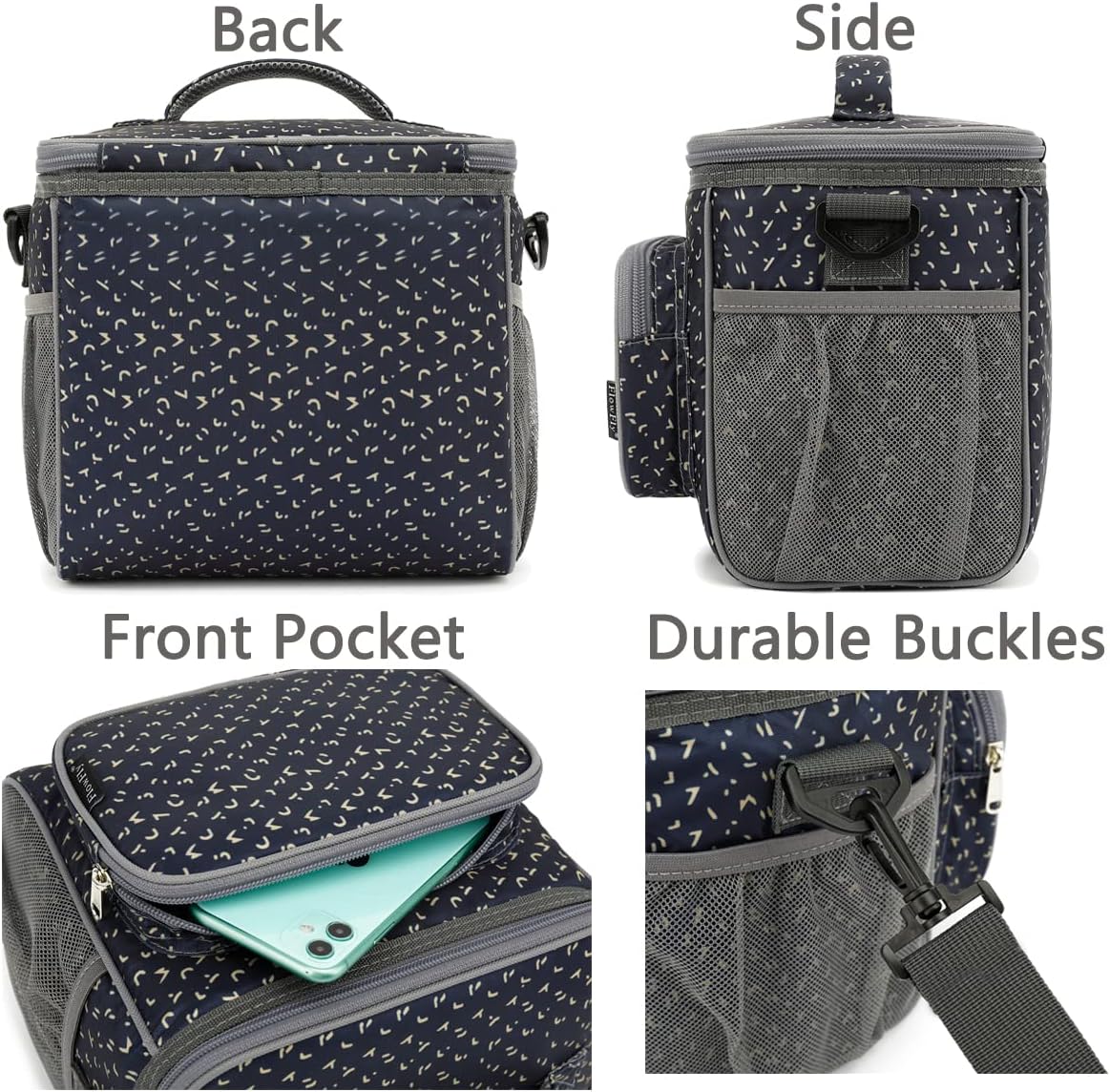 FlowFly Insulated Reusable Lunch Bag Adult Large Lunch Box for Women and Men with Adjustable Shoulder Strap,Front Zipper Pocket and Dual Large Mesh Side Pockets,Alphabet - Image 5