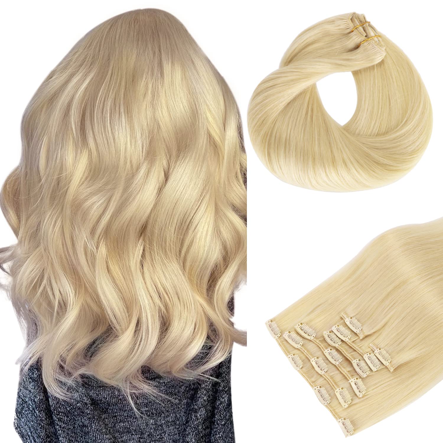 HOTBANANA Human Hair Clip in Hair Extensions, Bleach Blonde Hair Extensions 120g Clip in Hair Extensions Real Human Hair Straight Remy Hair Clip Ins 16 Inch 7pcs