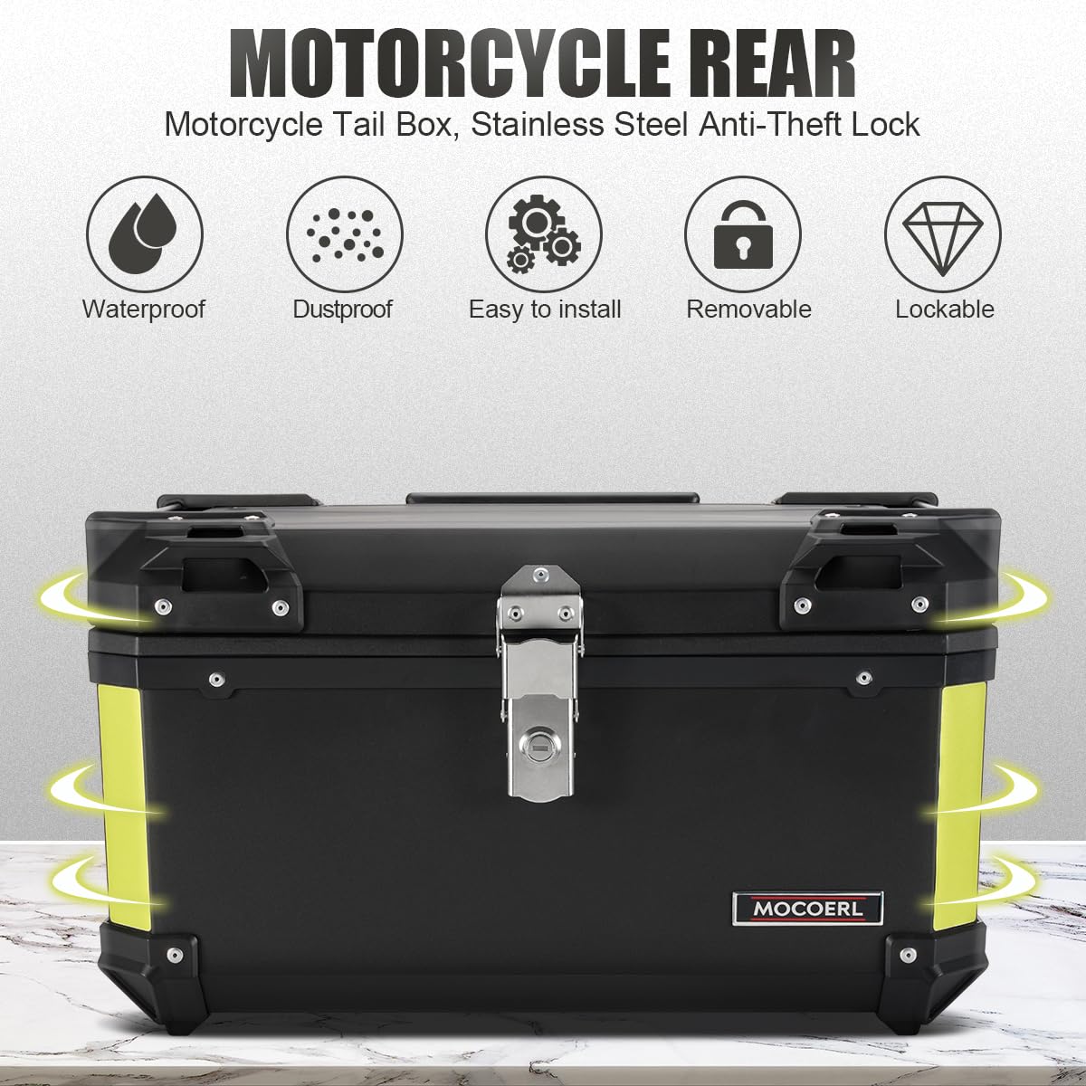 MOCOERL Maleta Moto Topcase Negra 60L Plástico ABS Impermeable Portaequipajes Caja Moto Soporte Universal 2 Cascos