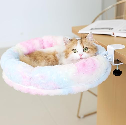 LANERmooos Cat Desk Bed, Cat Perch for Home Office, 360°Rotating & Adjustable Shelf, Removable Comfortable Soft Pet Nest Bed, Modern Unique Kitten Furniture Attachment for Game Tables (Gradient) - Gradient Pink Table-Edge