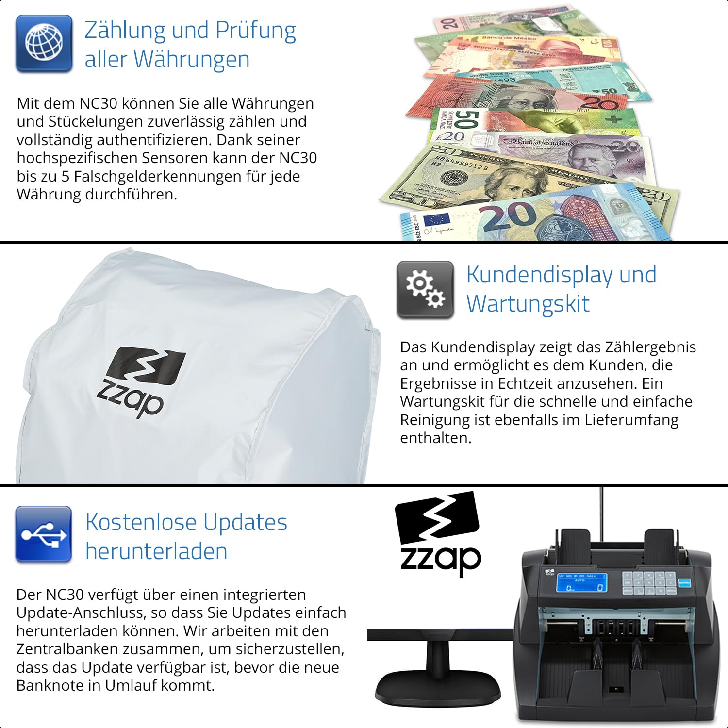 ZZap NC30 Banknotenzähler & Falschgeld-Detektor - Geldzählmaschine Geldzähler Banknotenzählmaschine