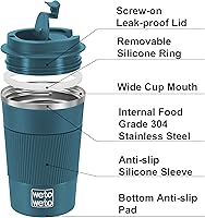 Vista 10 de WETOWETO Taza de viaje de 12 onzas, taza de café reutilizable aislada con tapa a prueba de fugas, taza de café de viaje de acero inoxidable, taza