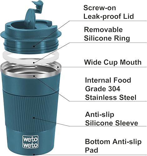Miniatura 10 de WETOWETO Taza de viaje de 12 onzas, taza de café reutilizable aislada con tapa a prueba de fugas, taza de café de viaje de acero inoxidable, taza de