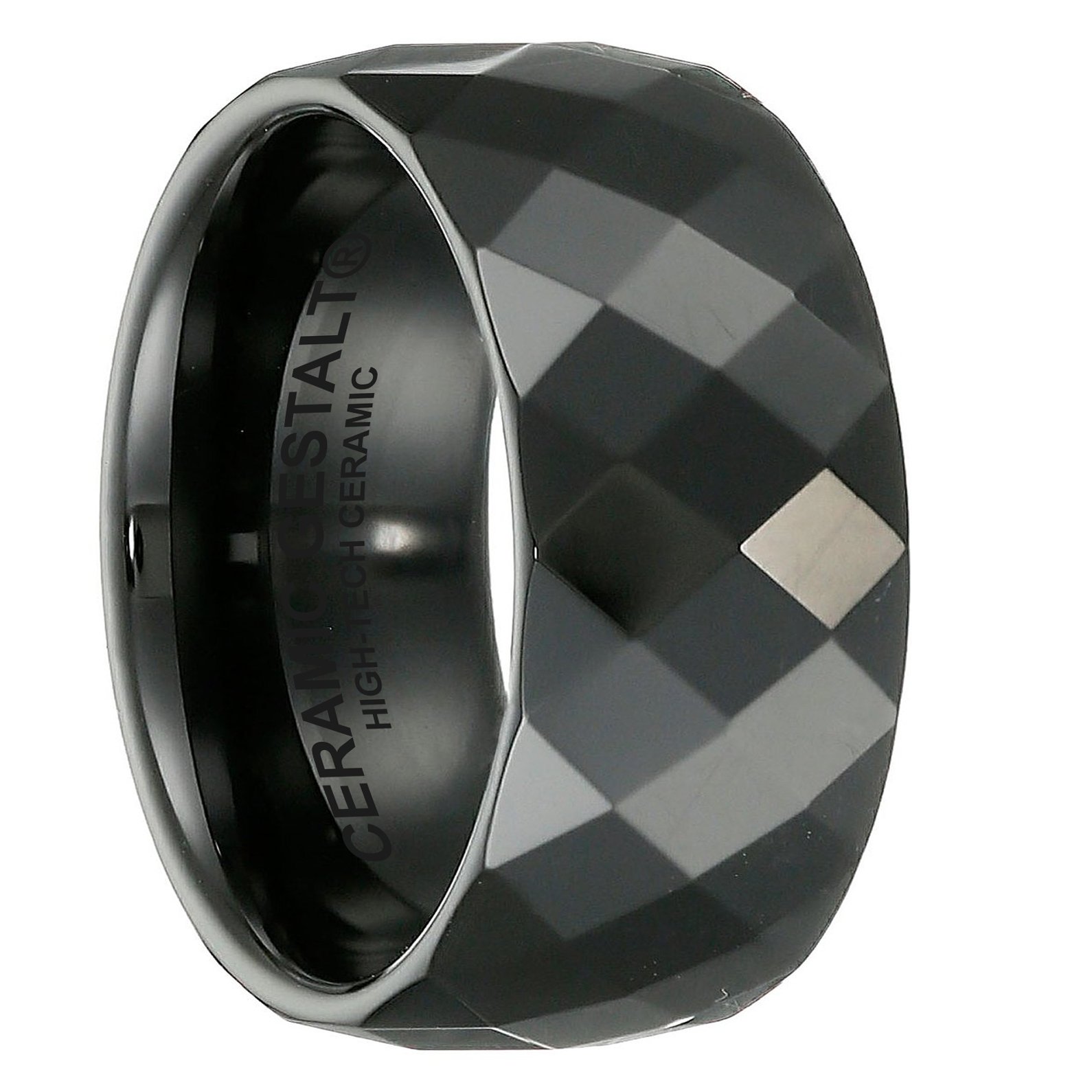 GESTALT COUTURE® 10MM Faceted Black Ceramic Ring. Comfort Fit.