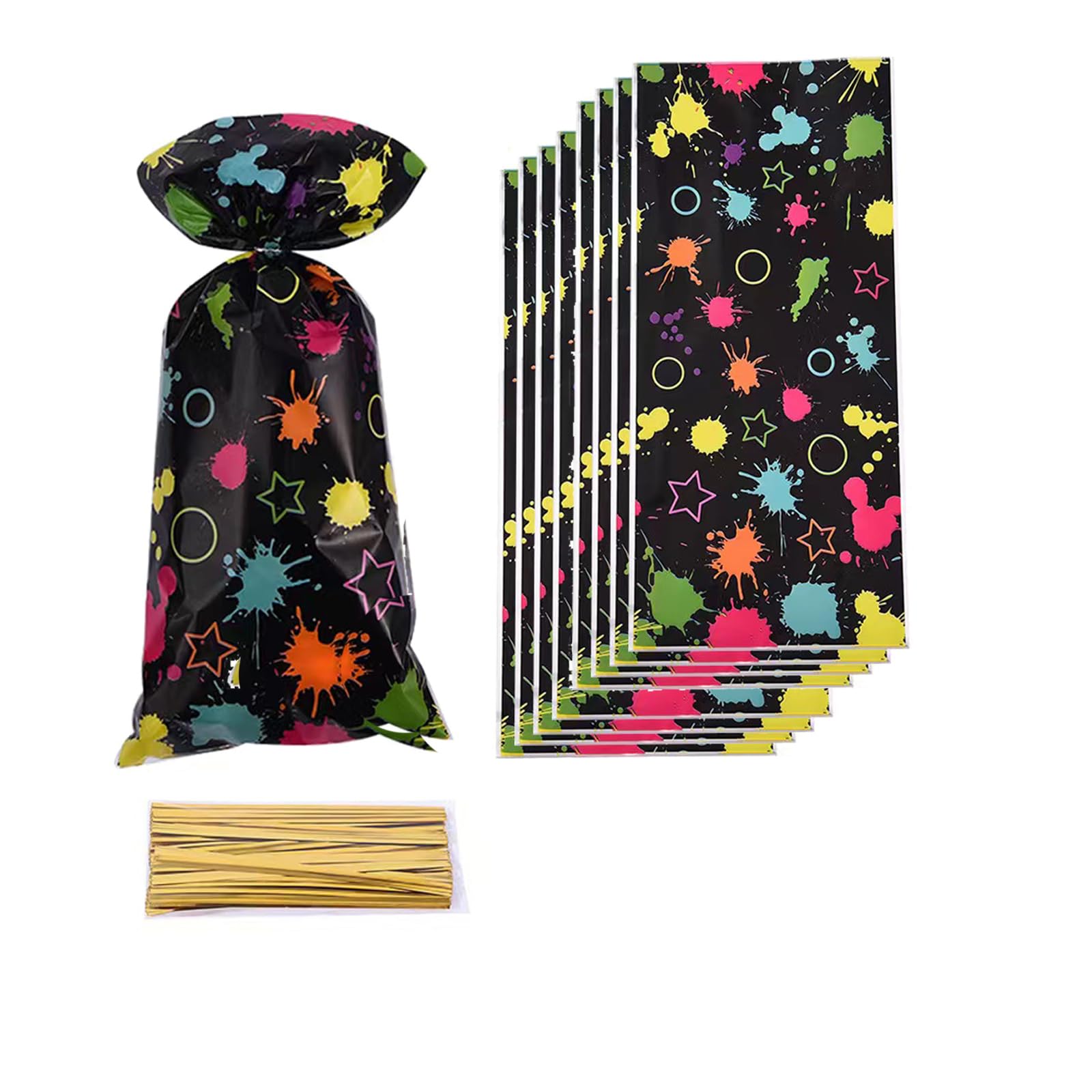 LLK 50PCS Neon Candy Bags Goodie Bags Plastic Colorful Treat Bags Glow in the Dark Party Supplies Favor Bags Neon Gift Wrap Bags with Twist Ties for Birthday Party Baby Shower Party Supplies