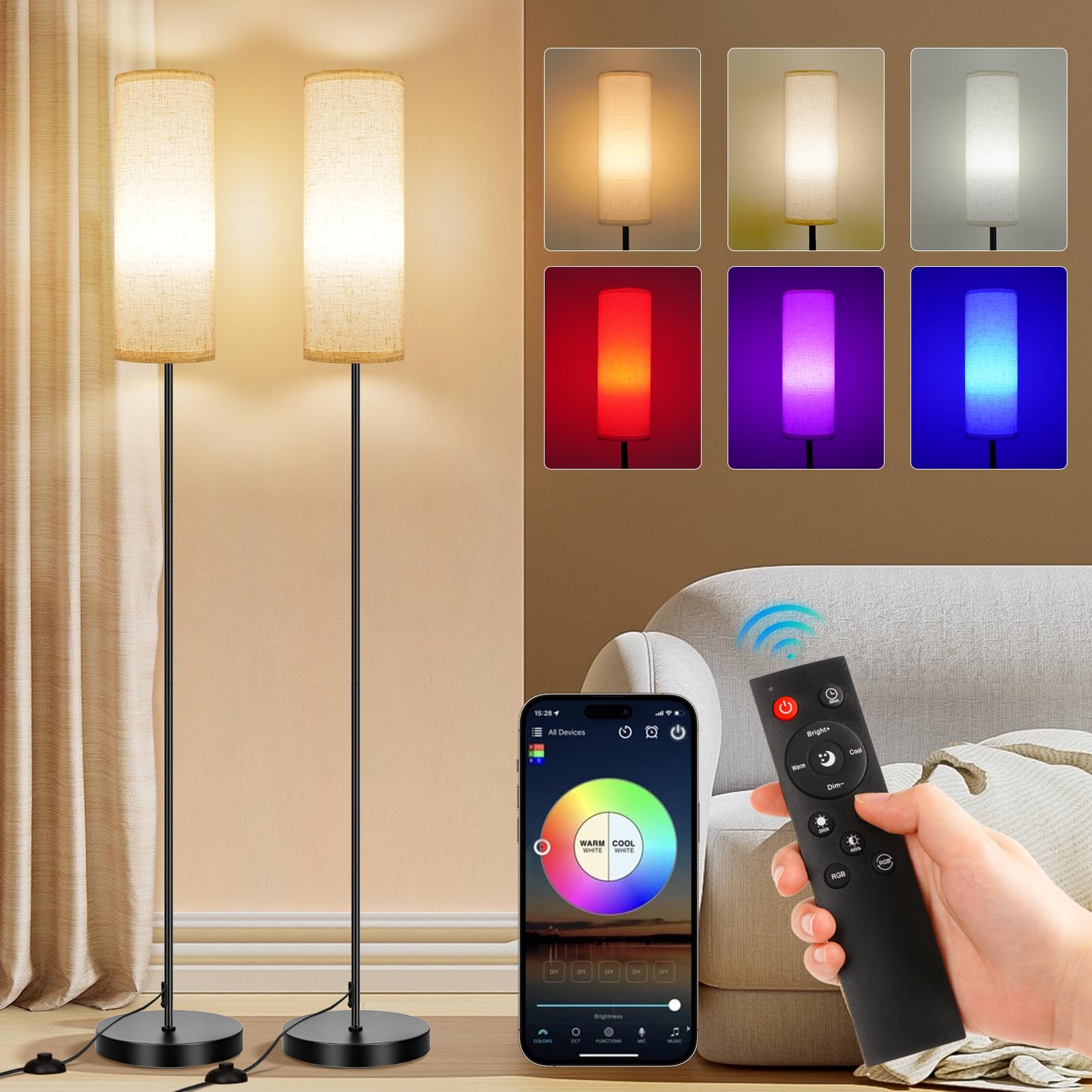FRIDEKO HOME 2 Pack Floor Lamp with RGB Smart LED Bulb and Beige Lampshade