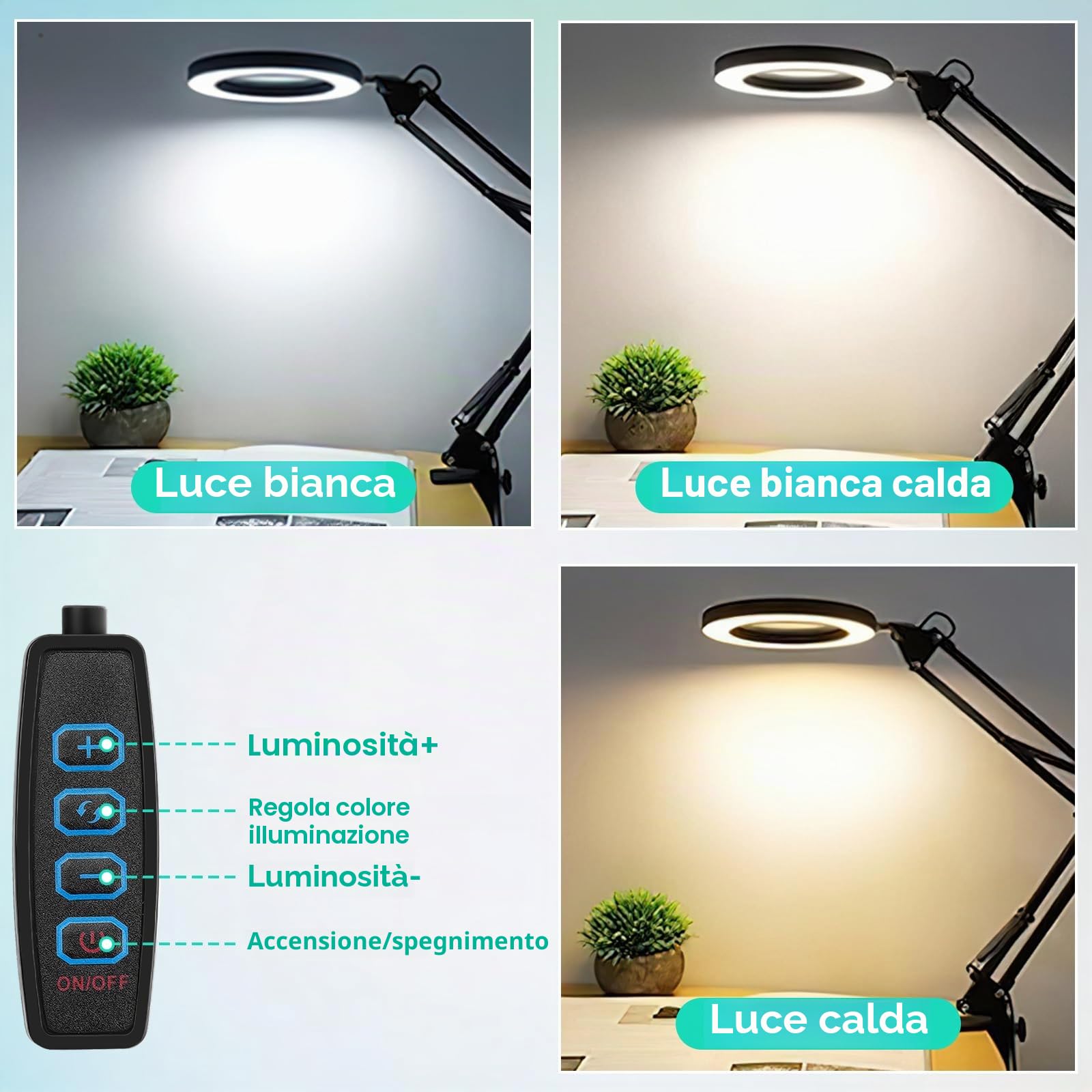 15X Lente d'ingrandimento con luce, lampada da scrivania LED con base e clip, luce a lente d'ingrandimento LED con 3 modalità di colore, dimmerabile, per riparazioni fai-da-te, macro, disegno e