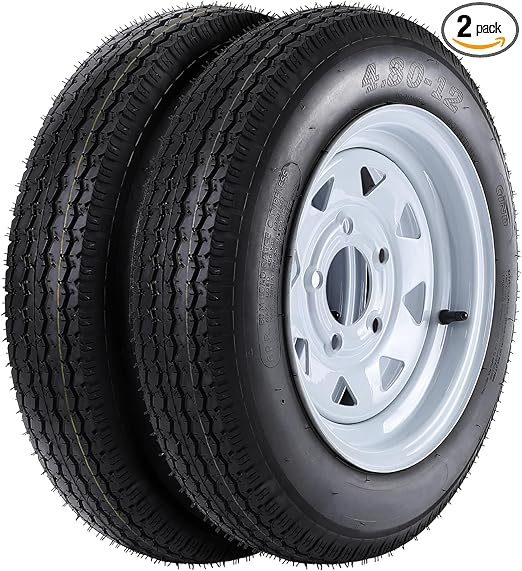 2 Pack 480-12 4.80x12 4.80-12 4.8-12 Trailer Tires with 12'' Rims, 5 Lug on 4.5'', Load Range C 6PR