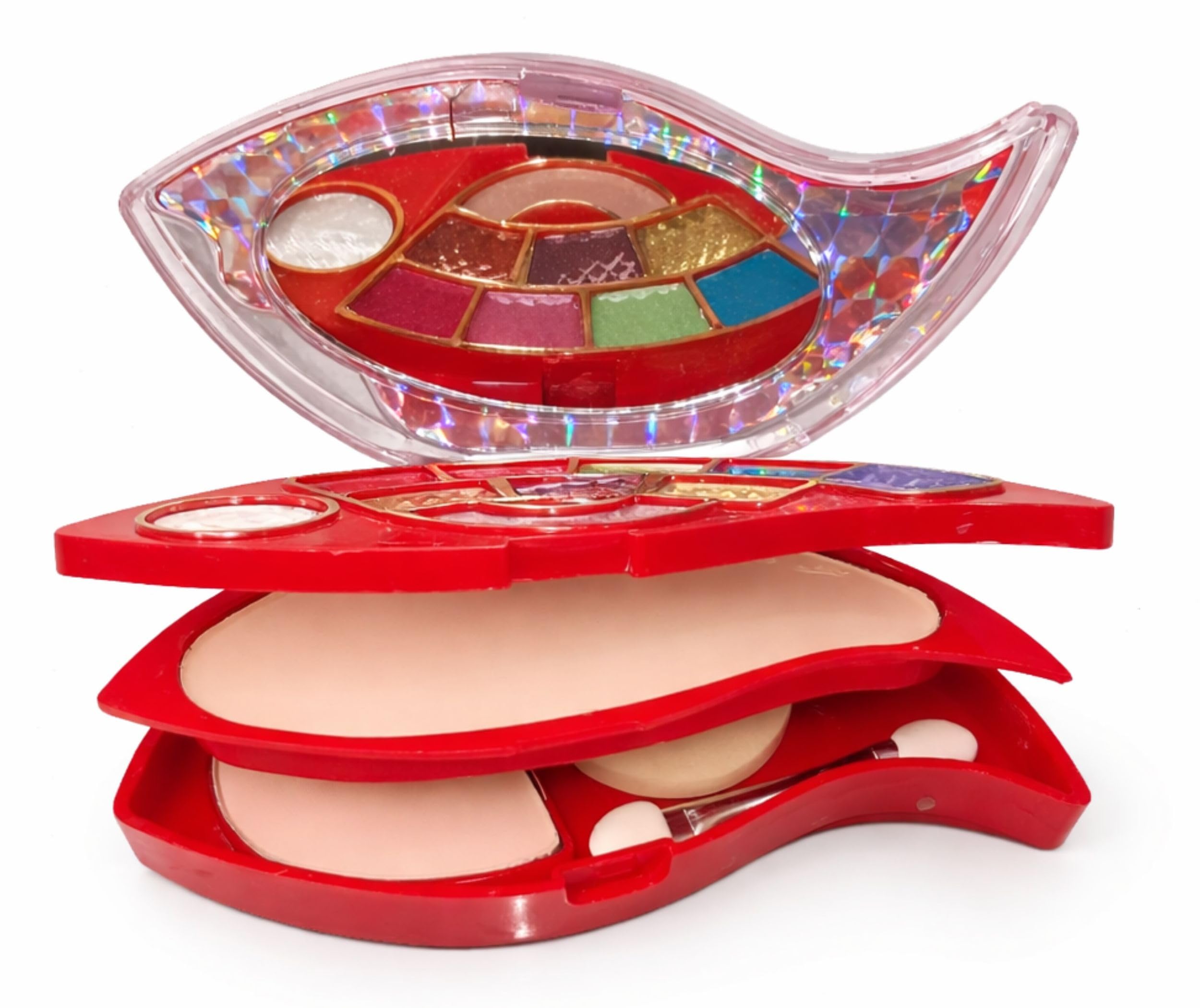 Multi-Layer All-in-One Makeup Palette | Folding Eye-Shaped Vanity Cosmetics Kit with Shimmer Eyeshadow, Matte Compact Pressed Powder, Sponge Puff and Applicator | Portable Travel Face Makeup Box for Women-image-12