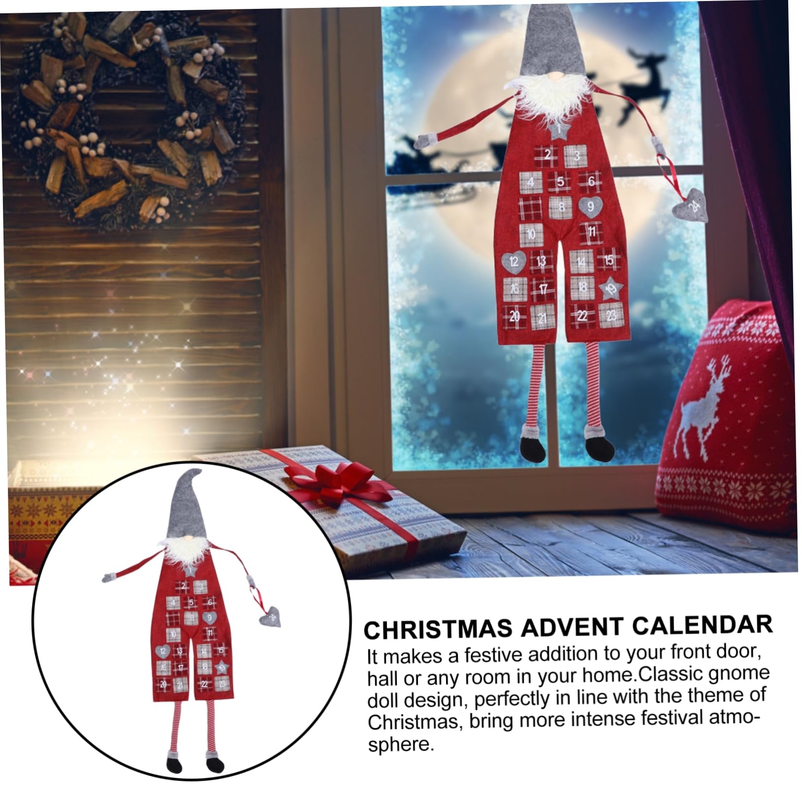 Calendario Avvento Decorativo Appendibile Rosso in Lino e Lana Artificiale Conto alla Rovescia per Natale Decorazione Festiva per Soggiorno e Camera