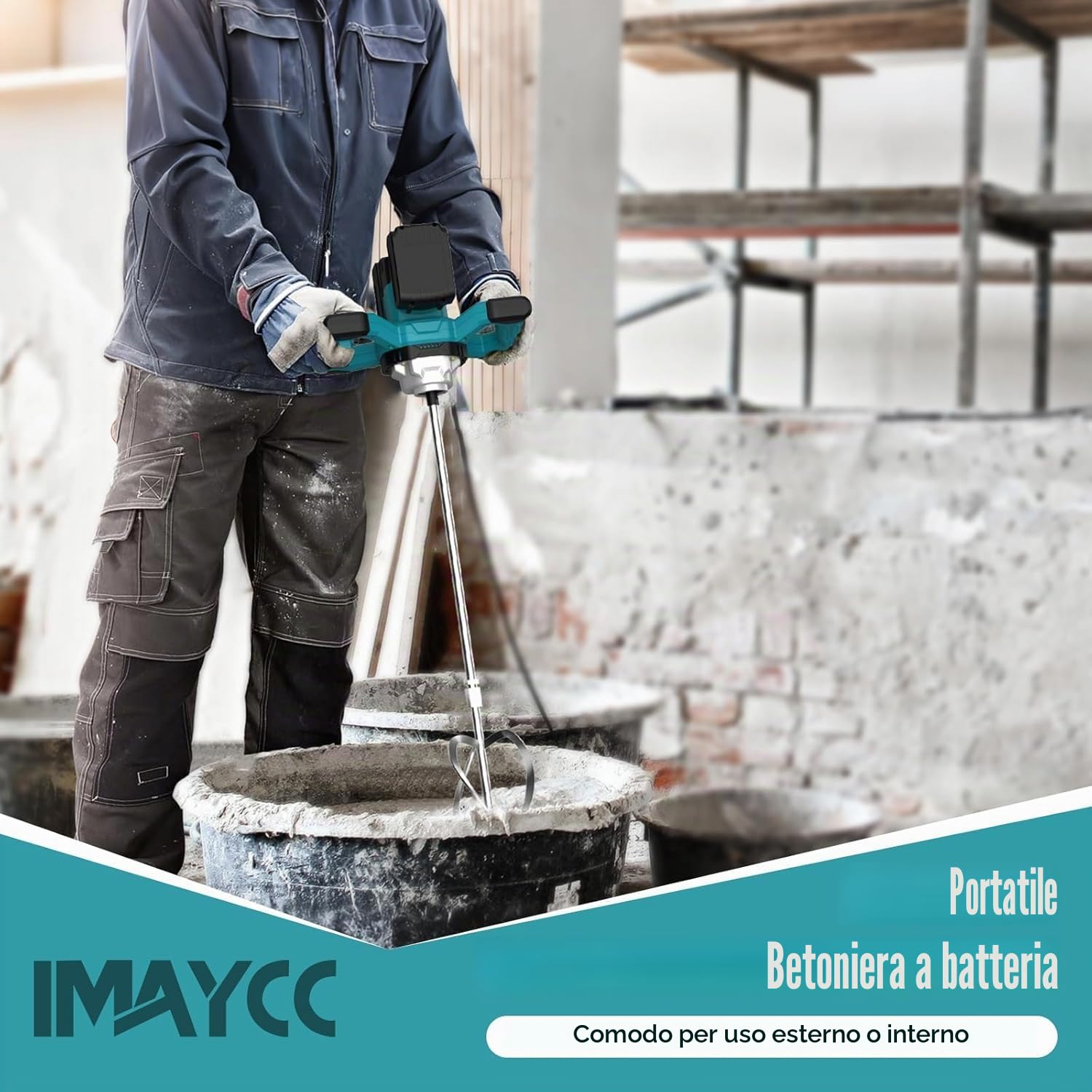 IMAYCC Miscelatore per malta, miscelatore per cemento senza cavo, per batterie MAKITA & DEWALT, miscelatore portatile per calcestruzzo, 21 V, 6 marce, trapano e miscelatore da 1000 W per fango, malta