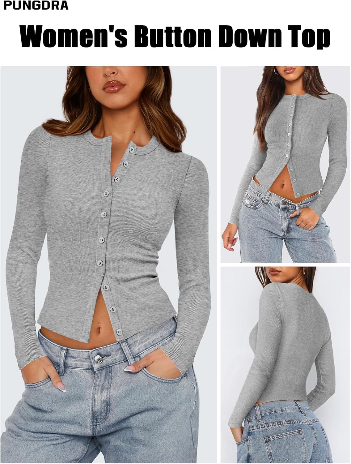 Womens Ribbed Button Down Long Sleeve Top Knit Button Up Fitted Cardigans Cropped Cute Fall Going Out Tops for Women - Image 3