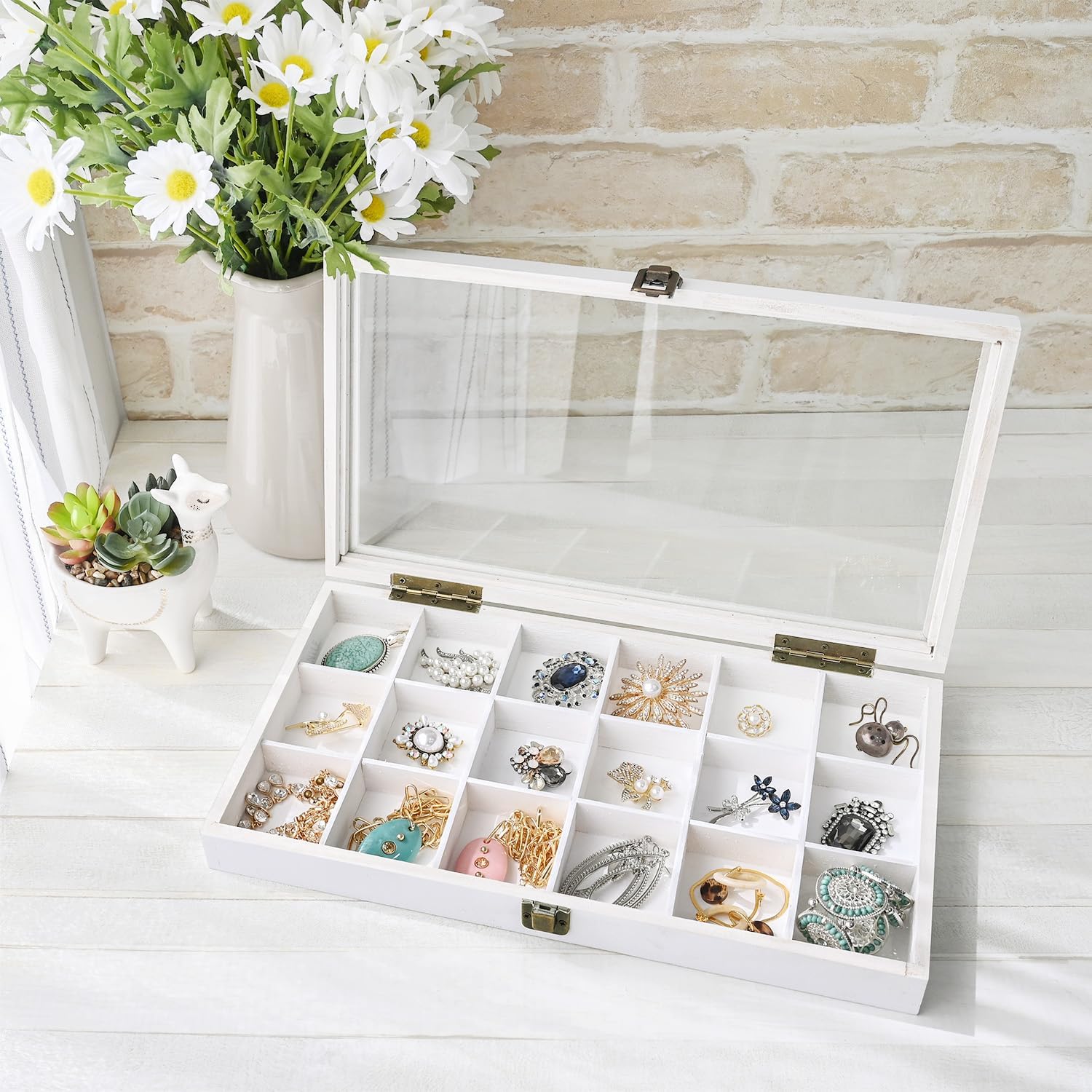 MOOCA Wooden Display Storage Case with Tempered Glass Lid for Jewelry and Beads with 18 Compartments Tray, 15 W x 8 3/8 L x 2 1/8 H in, Wash White Color