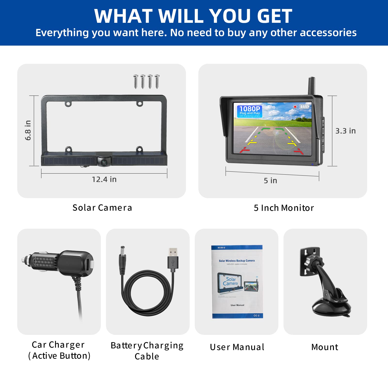 Solar Wireless Backup Camera for Car and 5'' HD 1080P Monitor, with 4 Solar Panels for Fast Charging, 3 Mins No Wires Install, Vehicles License Plate Reverse Camera for Trailer Truck Van RV SUV