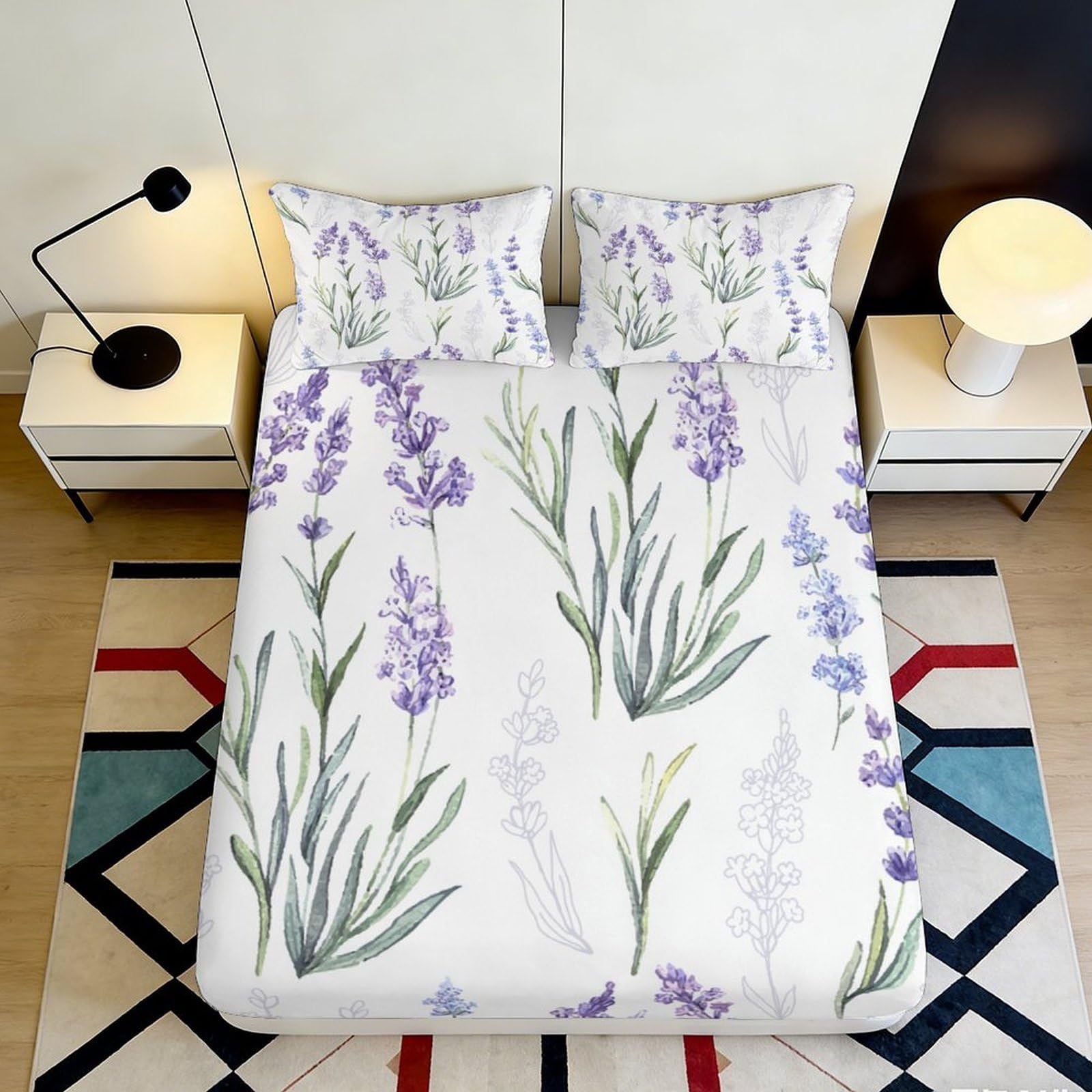 3D Printed Lavender Botanical Fitted Sheet Microfiber Soft Breathable Purple Floral Mattress Cover for Bedroom Guest Room Decor 90x200x25cm