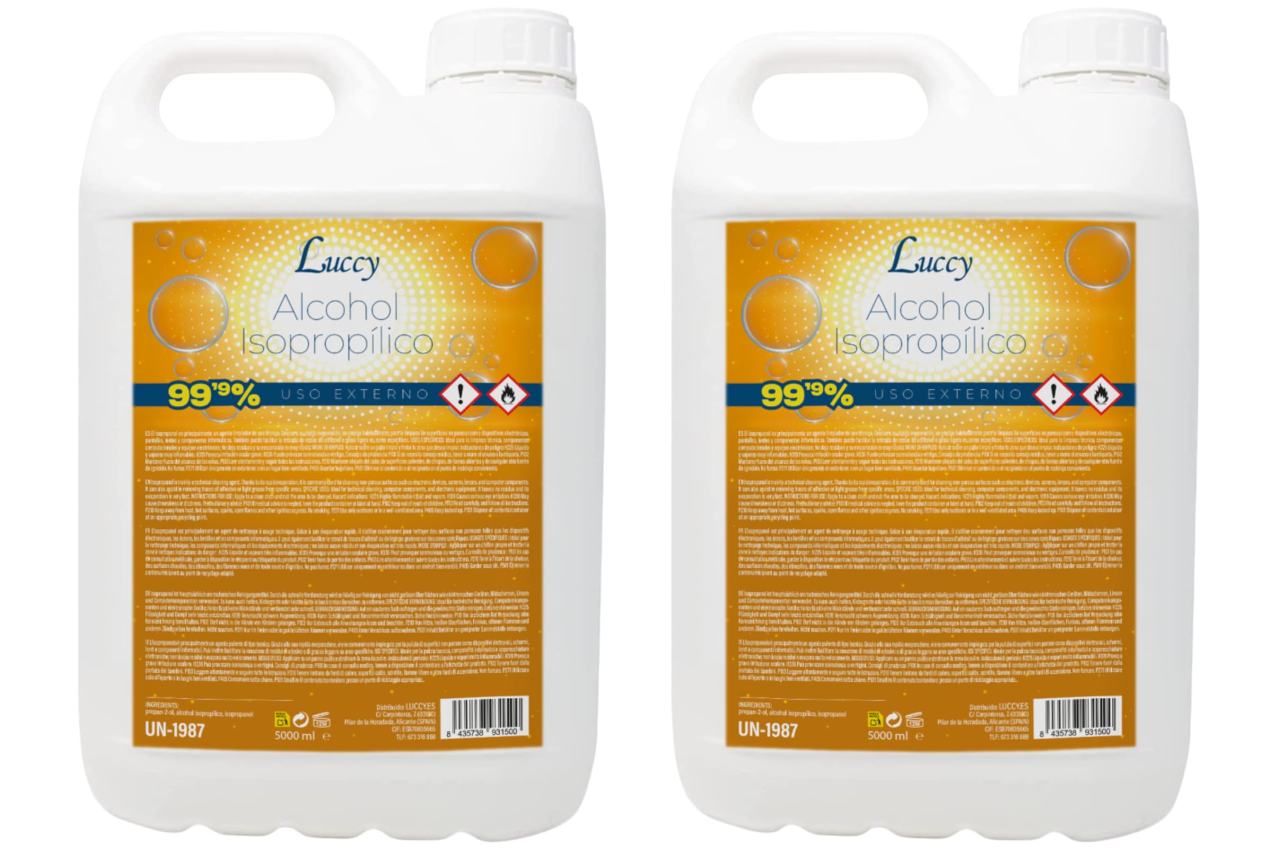 LUCCY Alcohol Isopropílico 99,9% 10 Litros - Isopropanol Puro - Limpieza de Superficies, Componentes Electrónicos, Objetivos, Pantallas, Impresión 3D | Limpieza de Superficies, Componentes Electrónicos, Objetivos, Pantallas, Impresión 3D