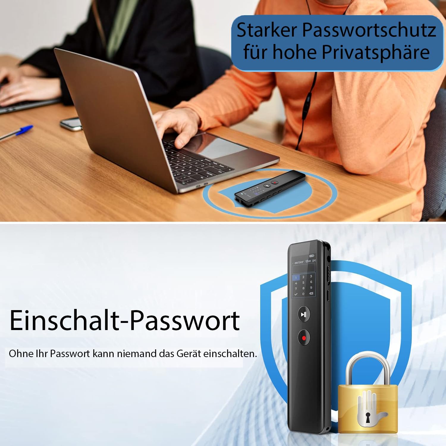 128GB Digitales Diktiergerät mit Wiedergabe,KI Geräuschunterdrückung, Sprachaktivierung, MP3-Player, Passwortschutz, USB-C, Bluetooth-Anrufaufnahme, für Vorlesungen,Meetings,Interviews