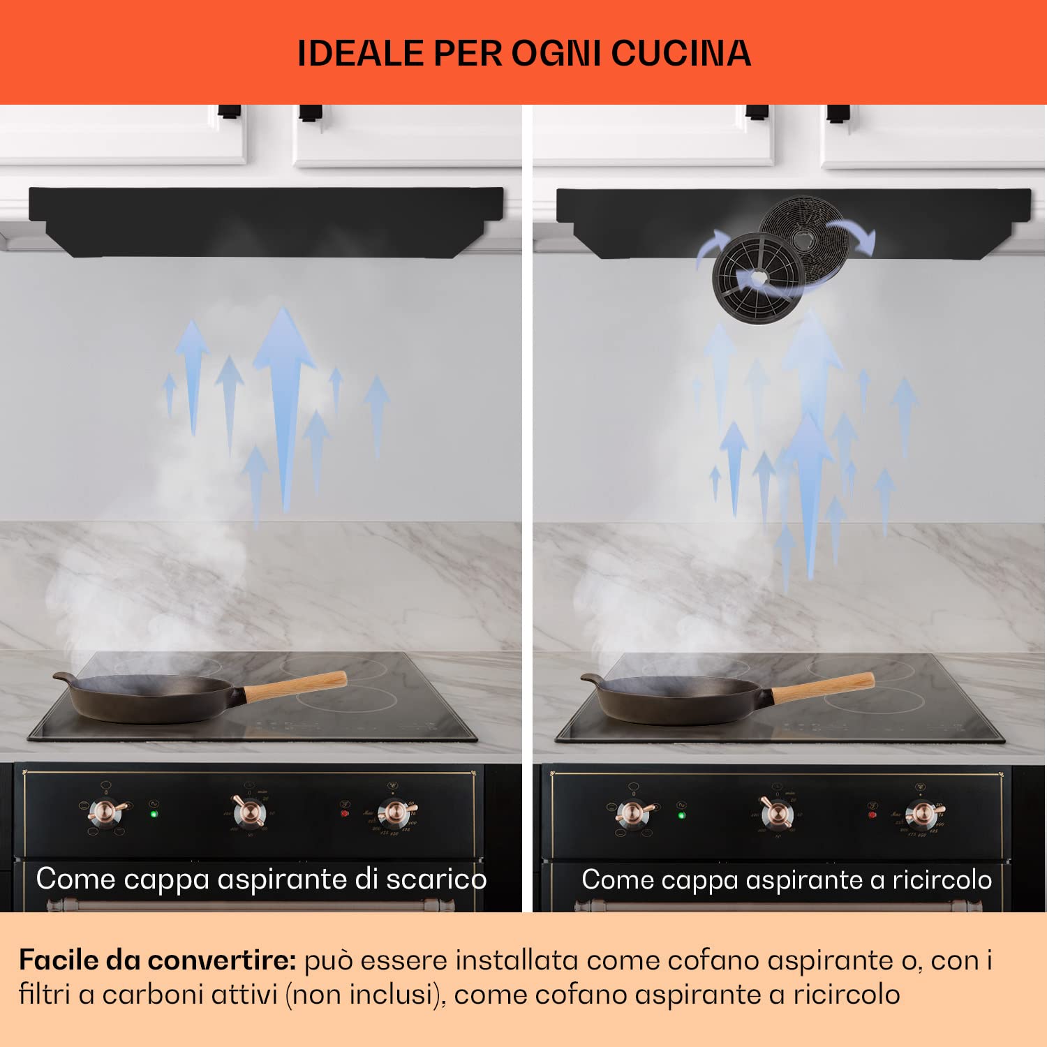 Klarstein Cappa Aspirante, Cappa Cucina con Timer e Flusso d'Aria di 332m³/h, Cappa Sospesa per Isola Cucina con 2 Modalità e Filtri Antigrasso, Cappa Isola Sottopensile