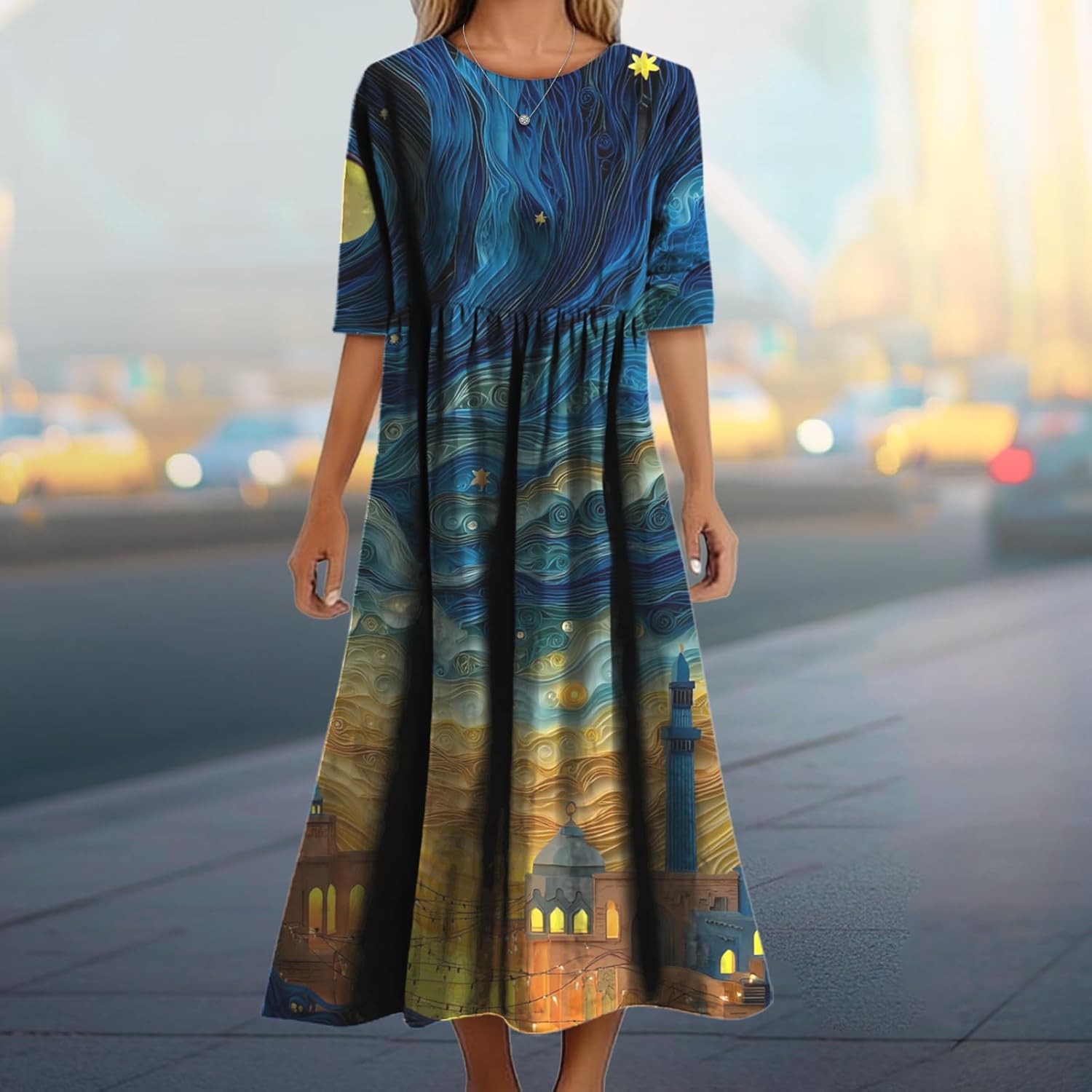 Summer Casual Bohemian Floral Dresses for Women Crewneck Short Sleeve Long Maxi Dress with Pockets - Image 2