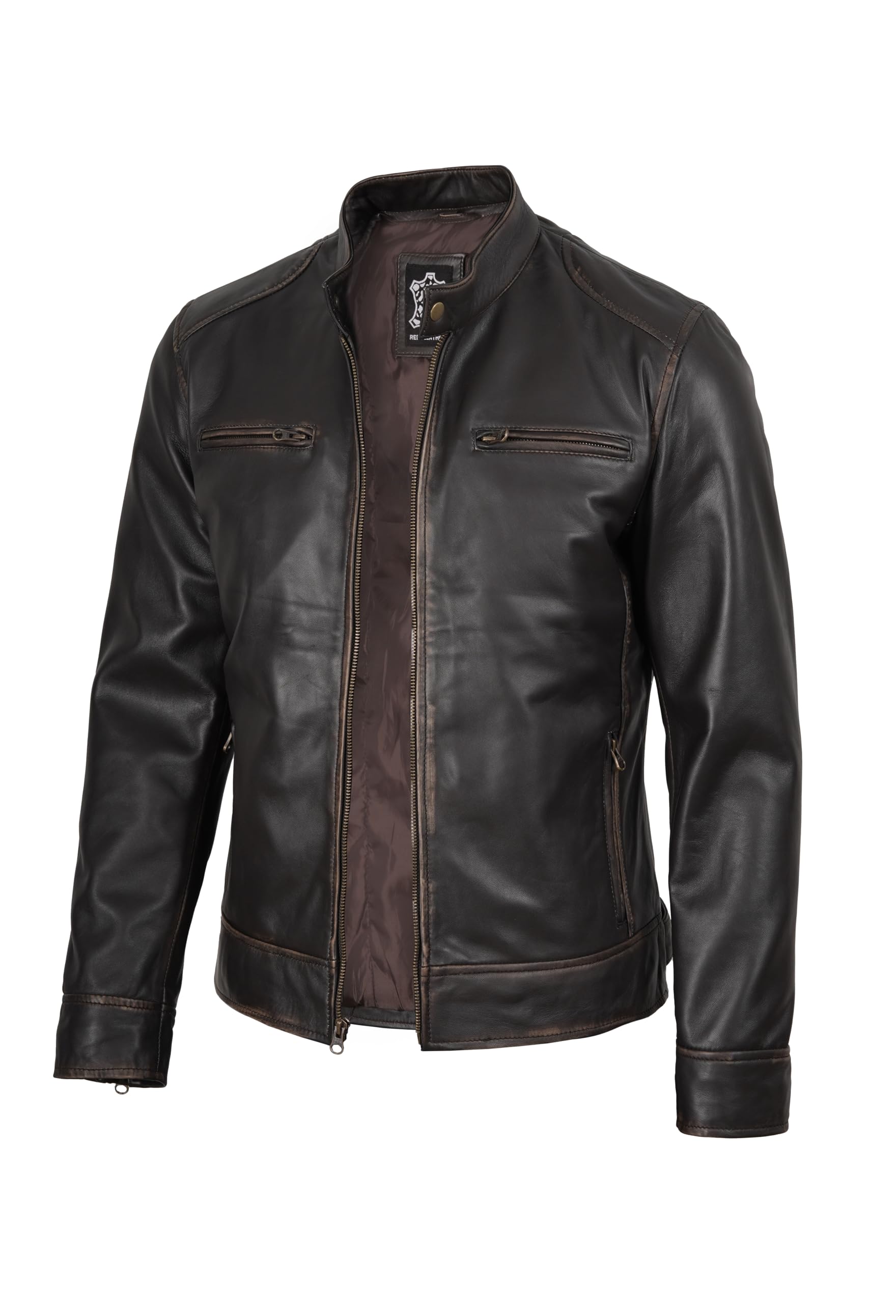 fjackets Mens Leather Jacket - Real Lambskin Cafe Racer Jacket Stand Collar Moto Biker Zip Jacket For Men