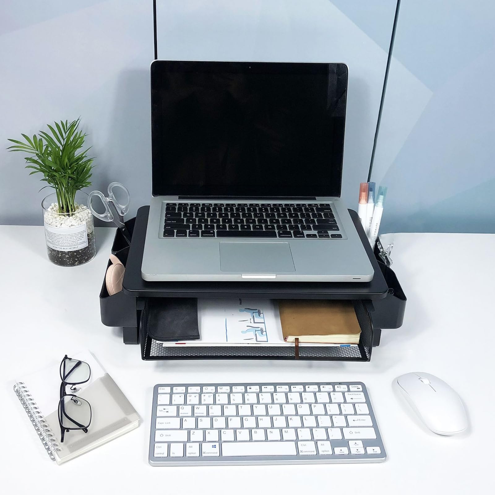 Supporto per schermo con cassetto di ventilazione, portapenne, supporto per laptop in metallo con organizer da scrivania laterale per stampante portatile