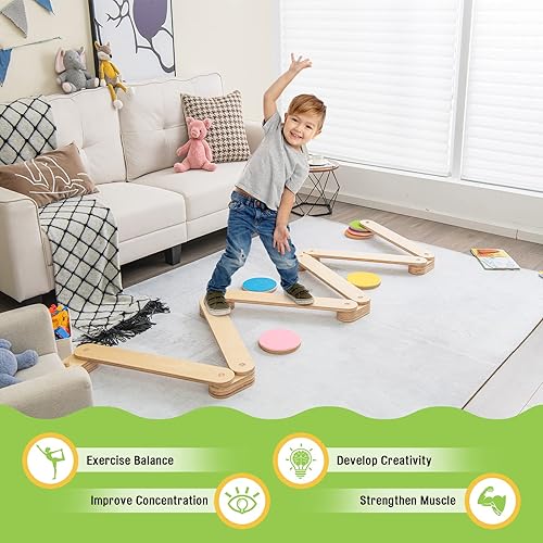 Miniatura 4 de HONEY JOY Escalones de vigas de equilibrio de madera, carrera de obstáculos Montessori para niños, haz de gimnasia para sala de juegos, tabla de