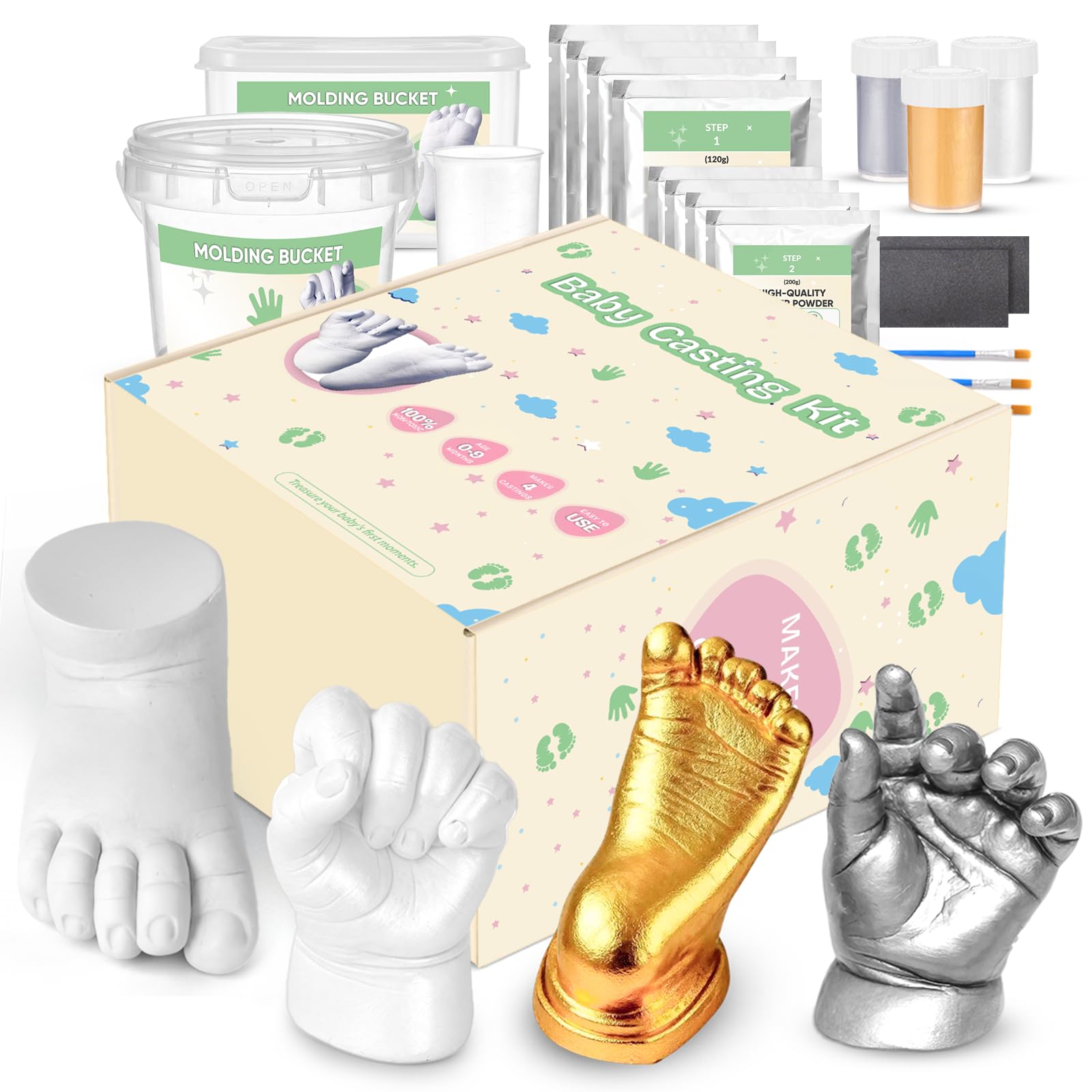 TOGOU2S Baby Casting Kit, Non-Toxic Baby Hand and Foot Casting Kit, 3D Hand Casting Kit with Paints, Making 4 Casts, Personalised Keepsakes, Baby Shower Gifts, Gift for New Parents