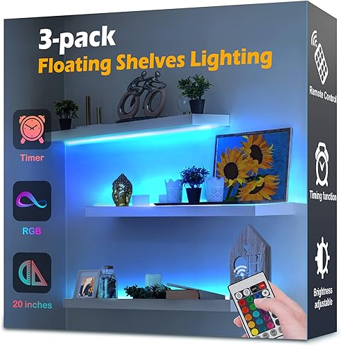 Paquete de 3 luces para estantes tira de luces LED con control remoto cambio de color con temporizador estantes flotantes luces de pared LED luces