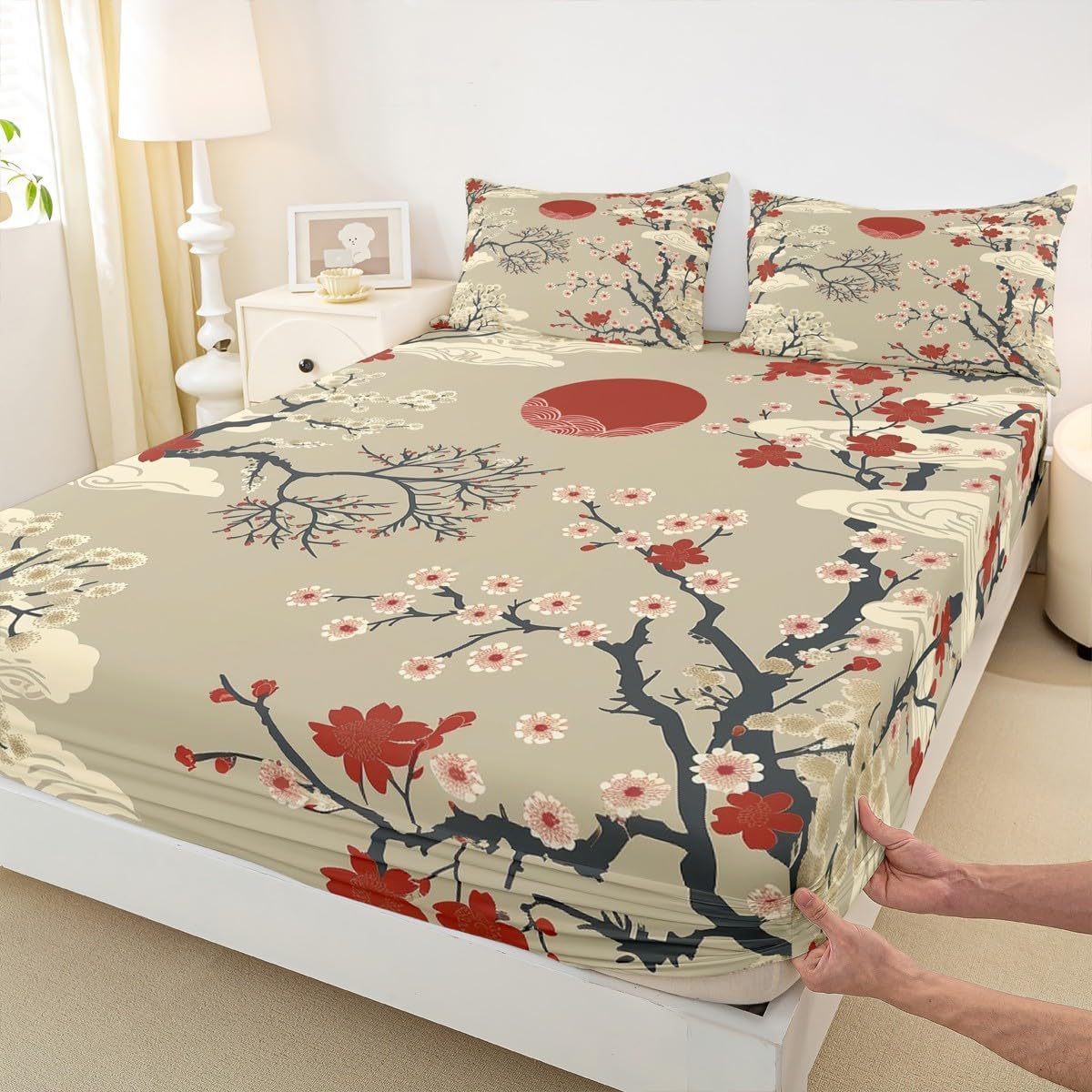 Drap Housse 180x200 cm Fleurs de Cerisier Japonais, 3D Japon Drap-Housse en Microfibre, Drap Plat 2 Personnes avec 2 Taie d'oreillers pour Matelas Épais C.L1869